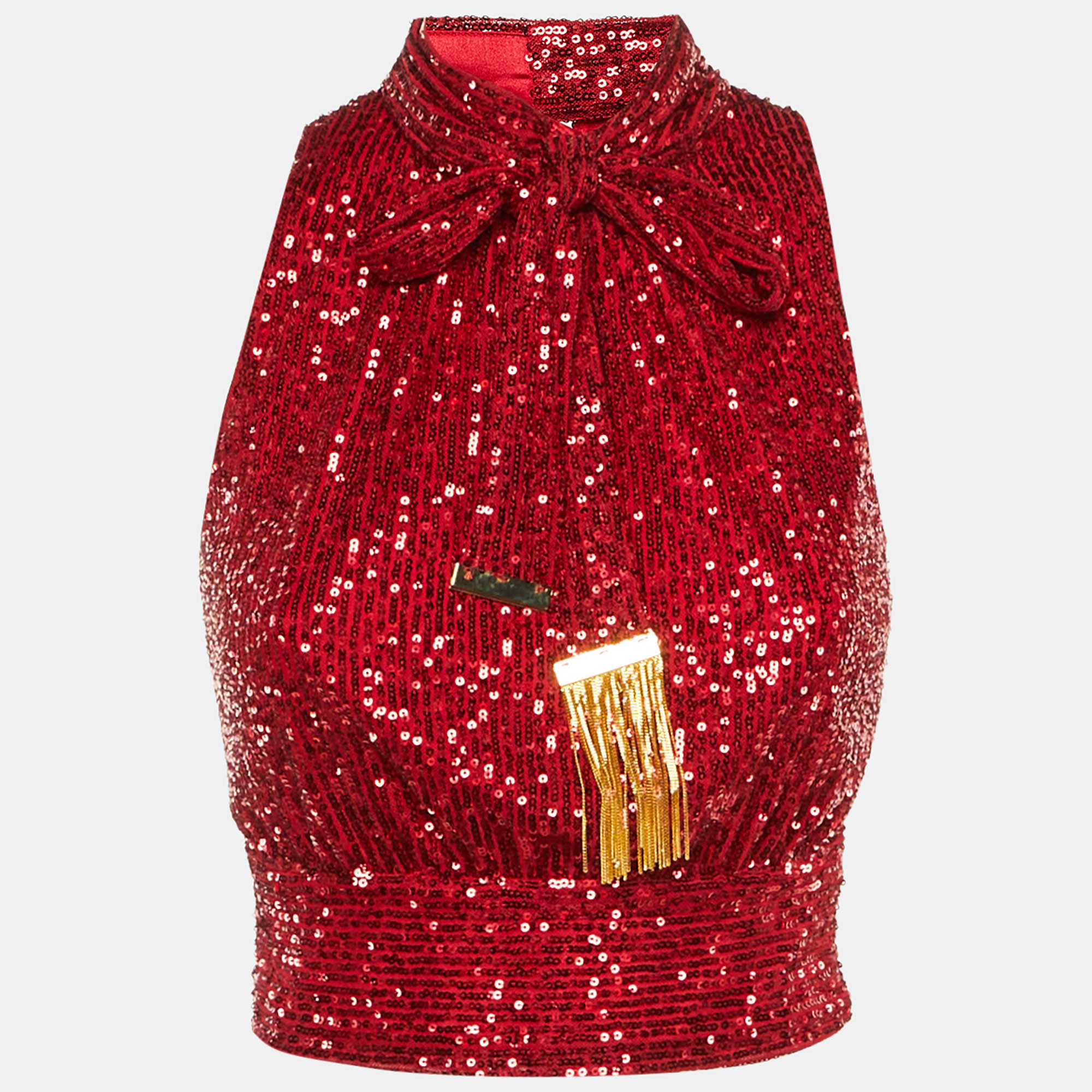 Elisabetta Franchi Red Sequin Halter Neck Scarf Detail Crop Top