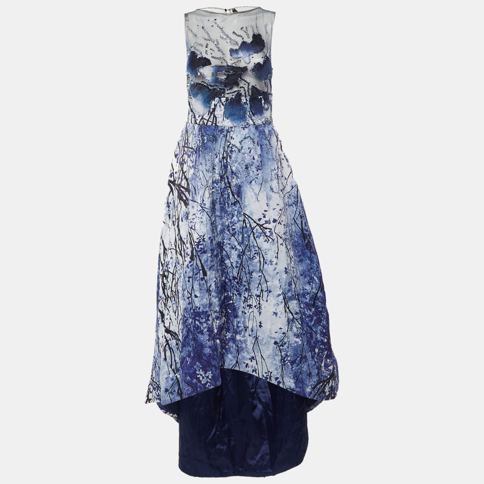 Elisabetta Franchi Blue Embellished Printed Mesh & Crepe High Low Dress