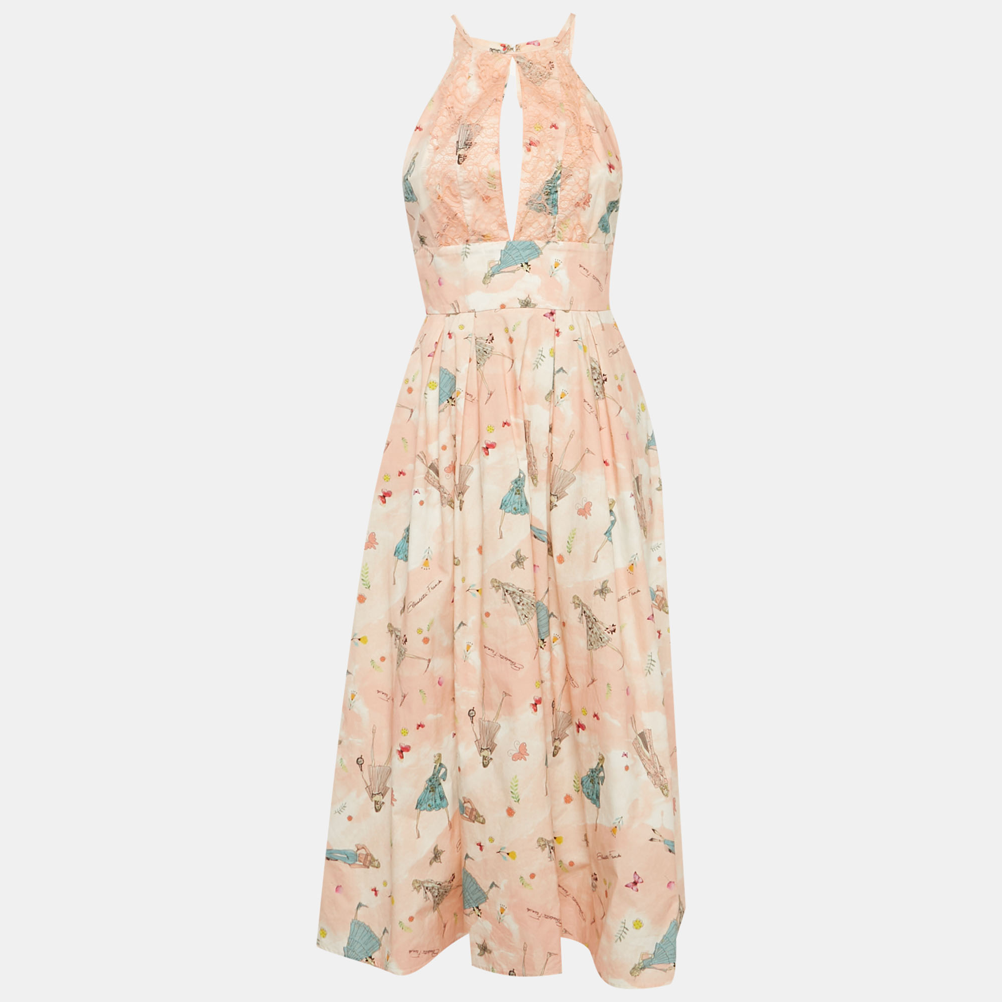 Elisabetta Franchi Pink Printed Cotton Lace Inserts Midi Dress