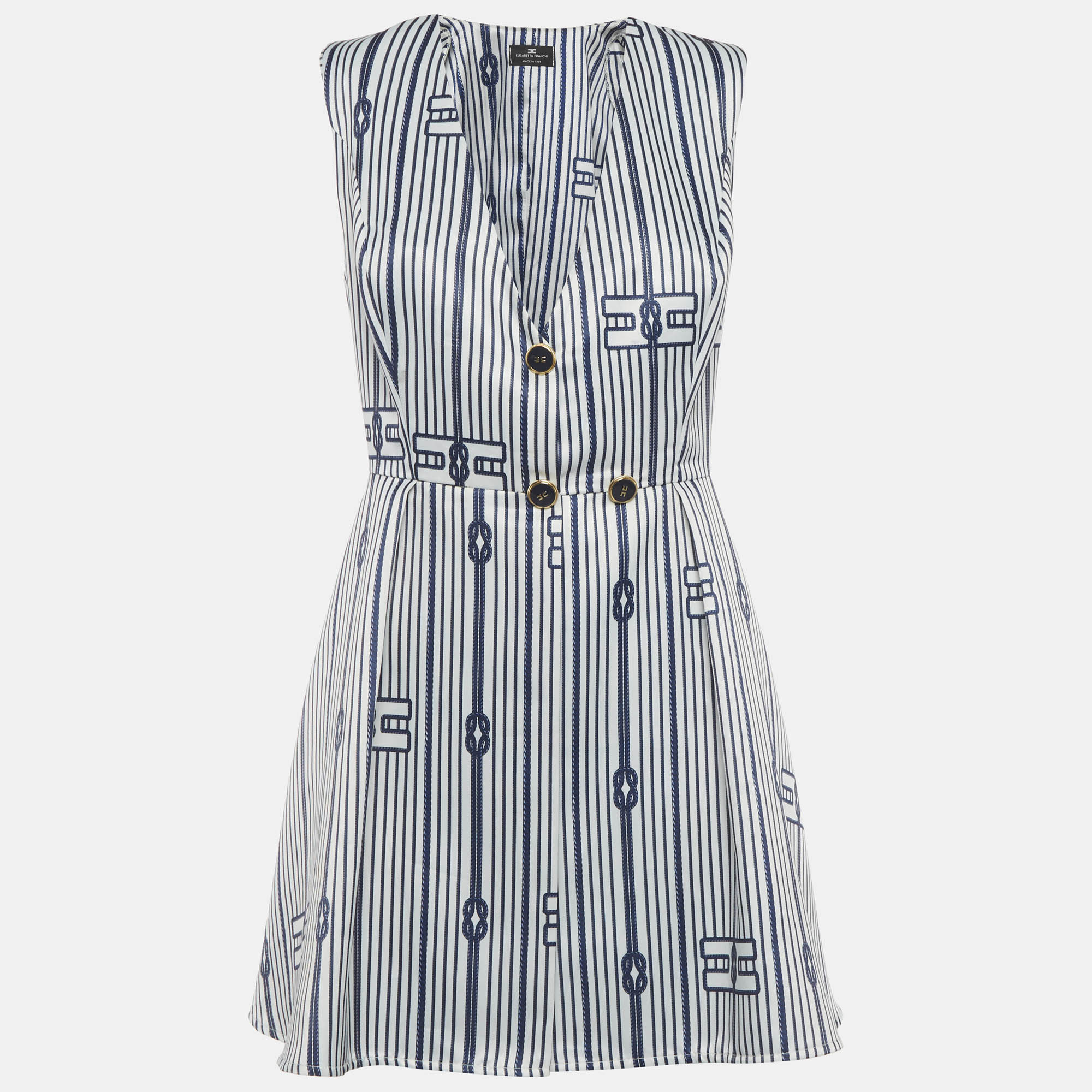 Elisabetta Franchi WhiteBlue Knot Print Satin Flare Mini Dress