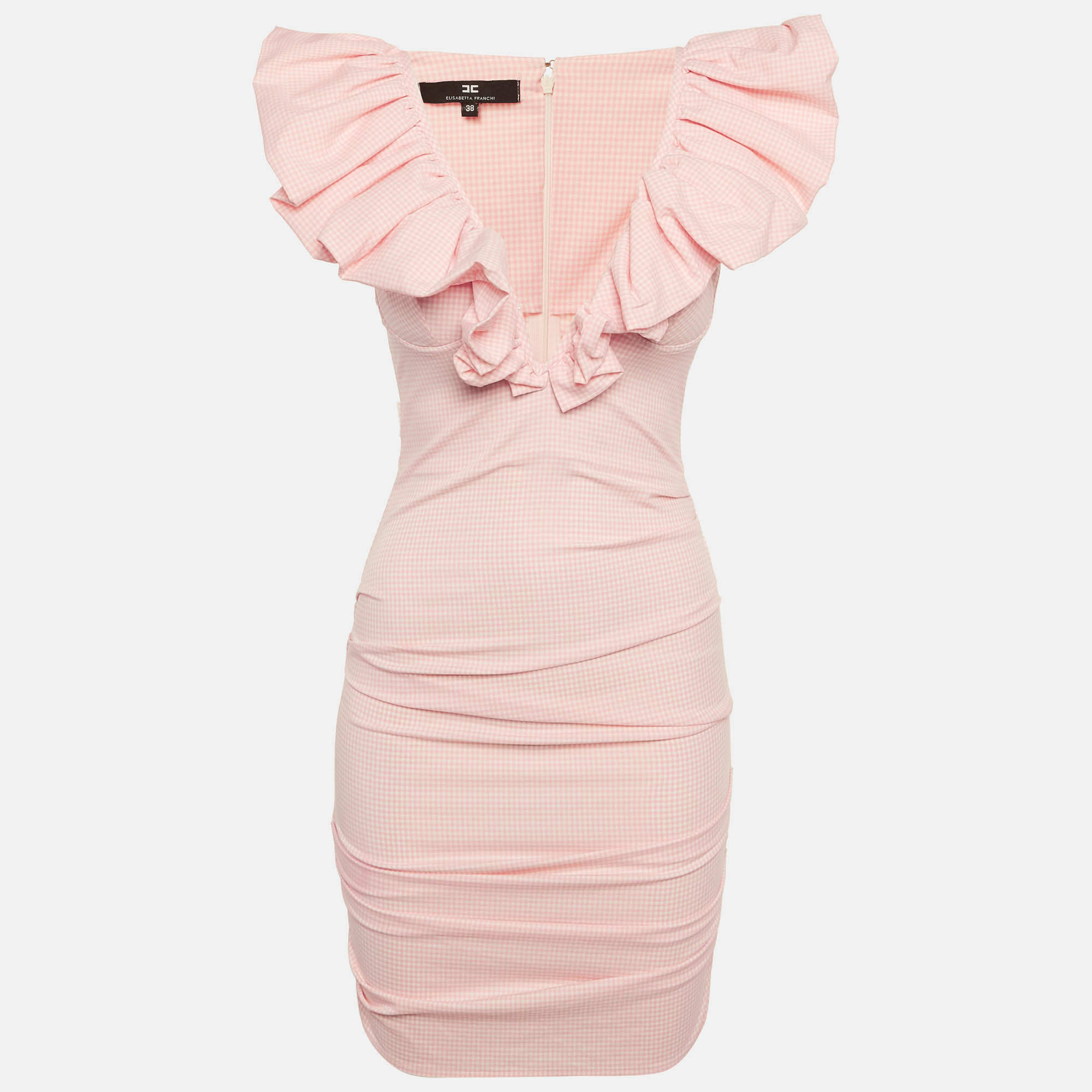 Elisabetta Franchi Pink Checkered Crepe Ruched Mini Dress