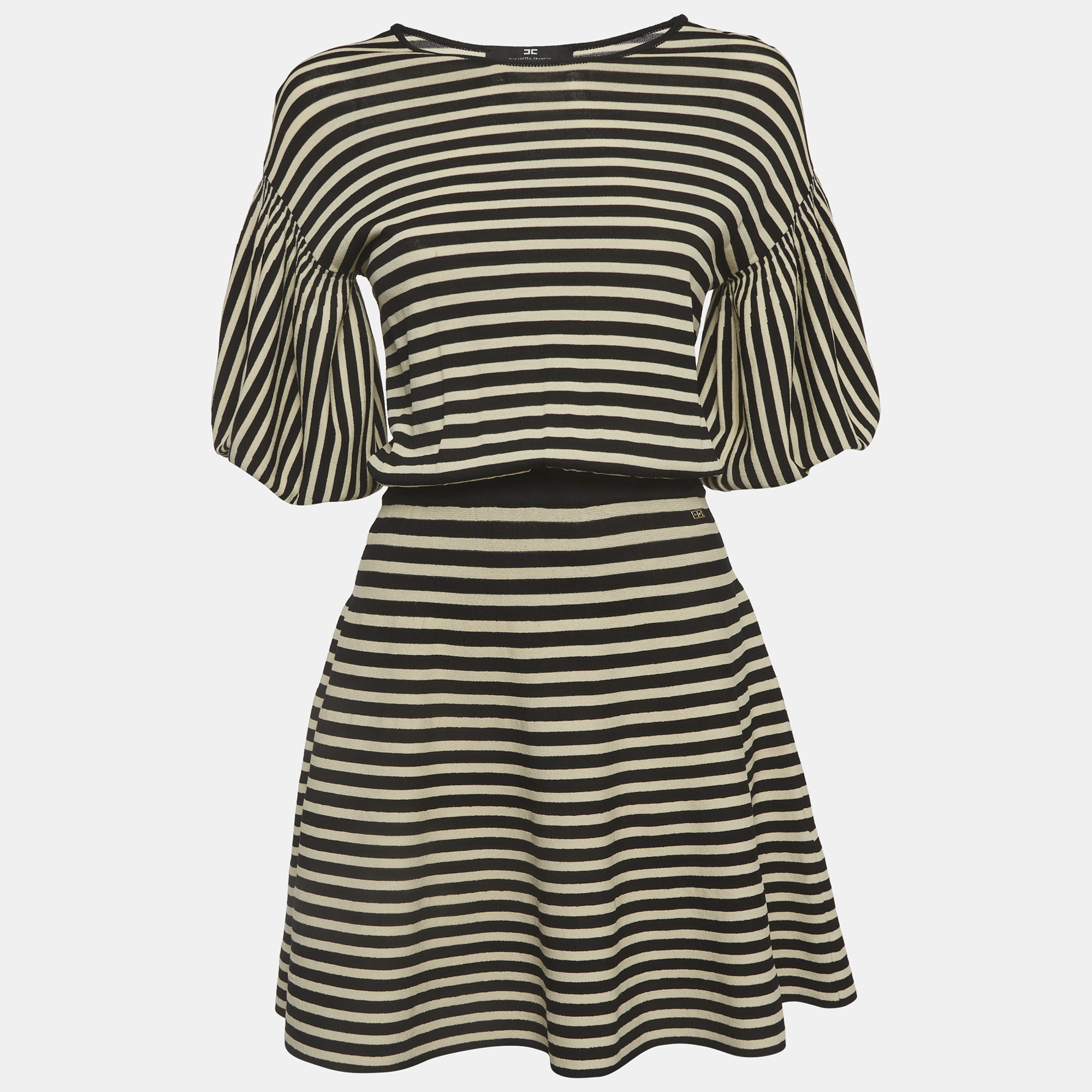 Elisabetta Franchi BlackWhite Striped Knit Short Dress
