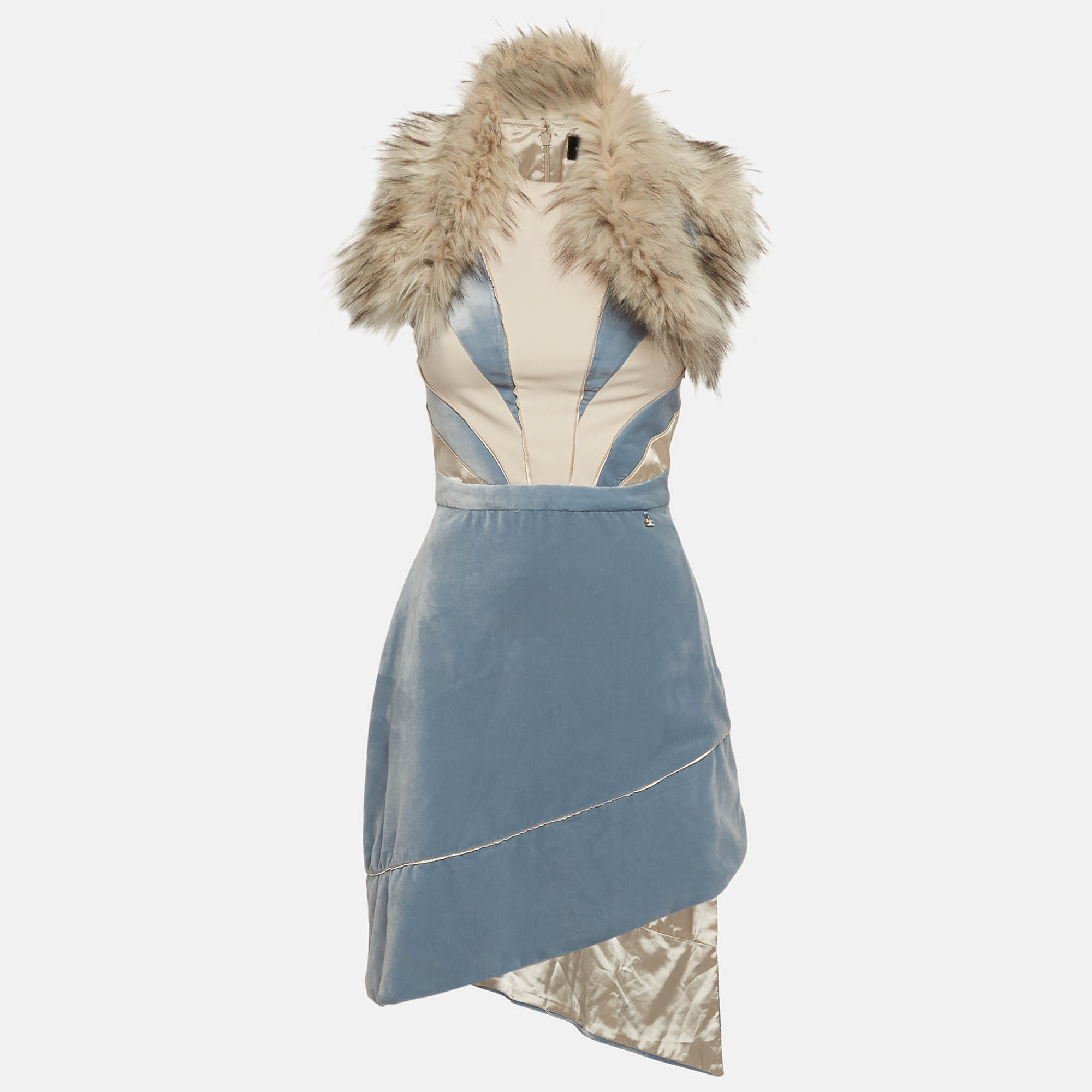 Elisabetta Franchi Blue Fur Trim Velvet Asymmetric Dress