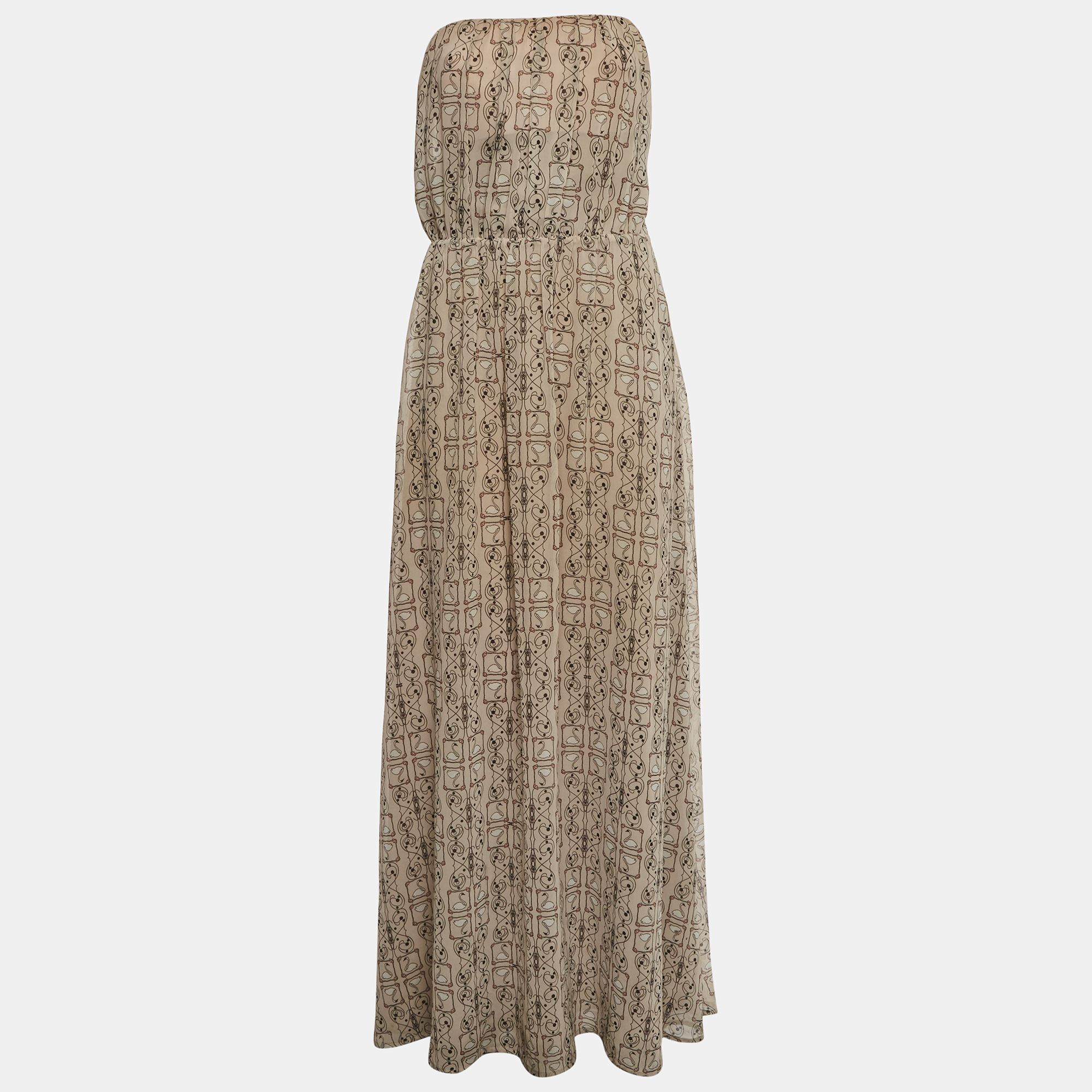 Elisabetta Franchi Beige Abstract Print Chiffon Strapless Maxi Dress