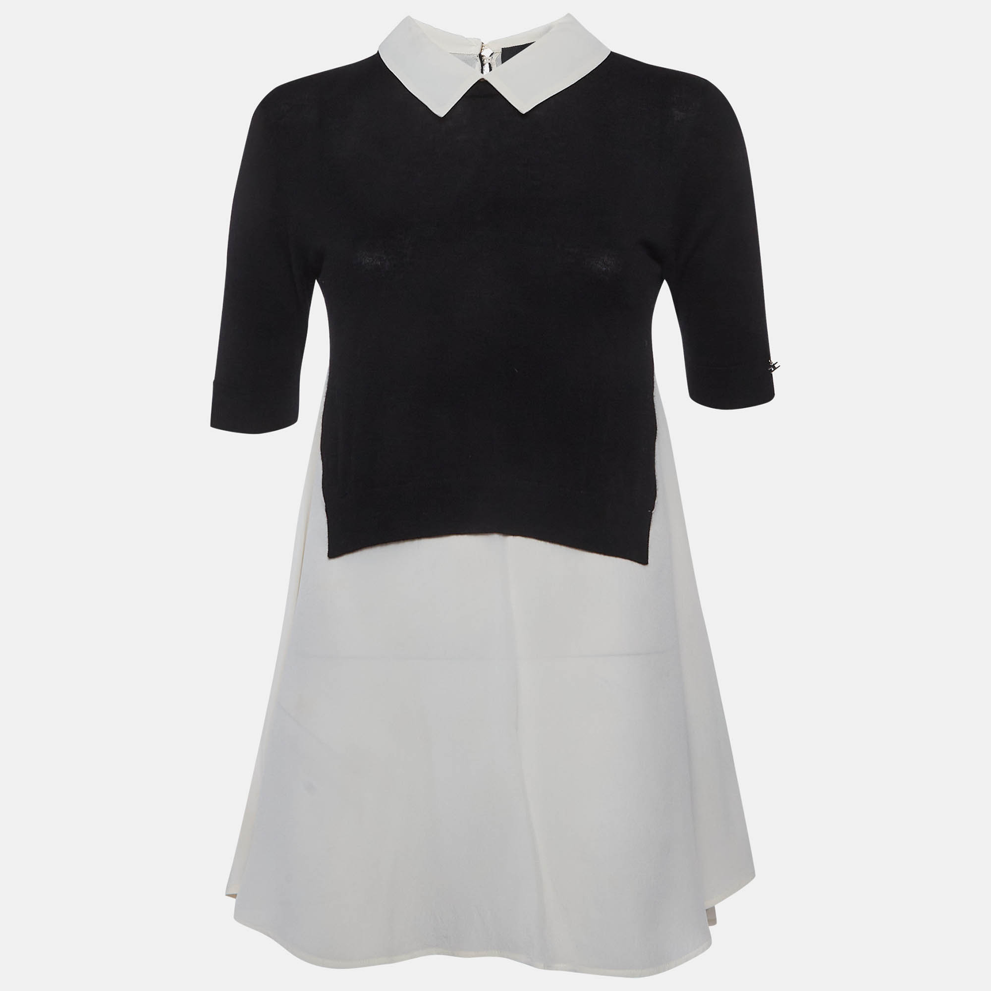 Elisabetta Franchi BlackCream Knit and Crepe Shirt Style Mini Dress