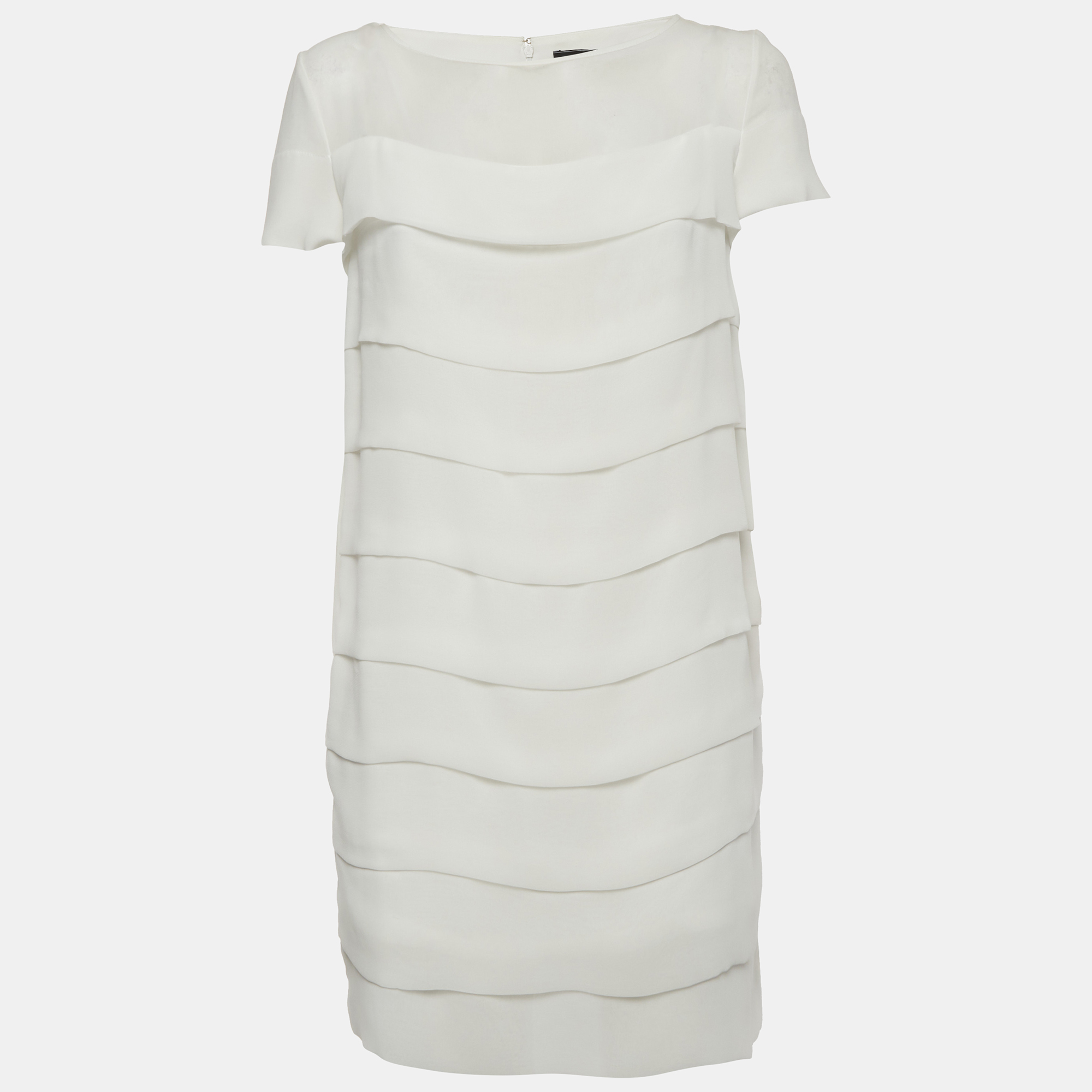 Elisabetta Franchi White Crepe and Chiffon Tiered Mini Dress
