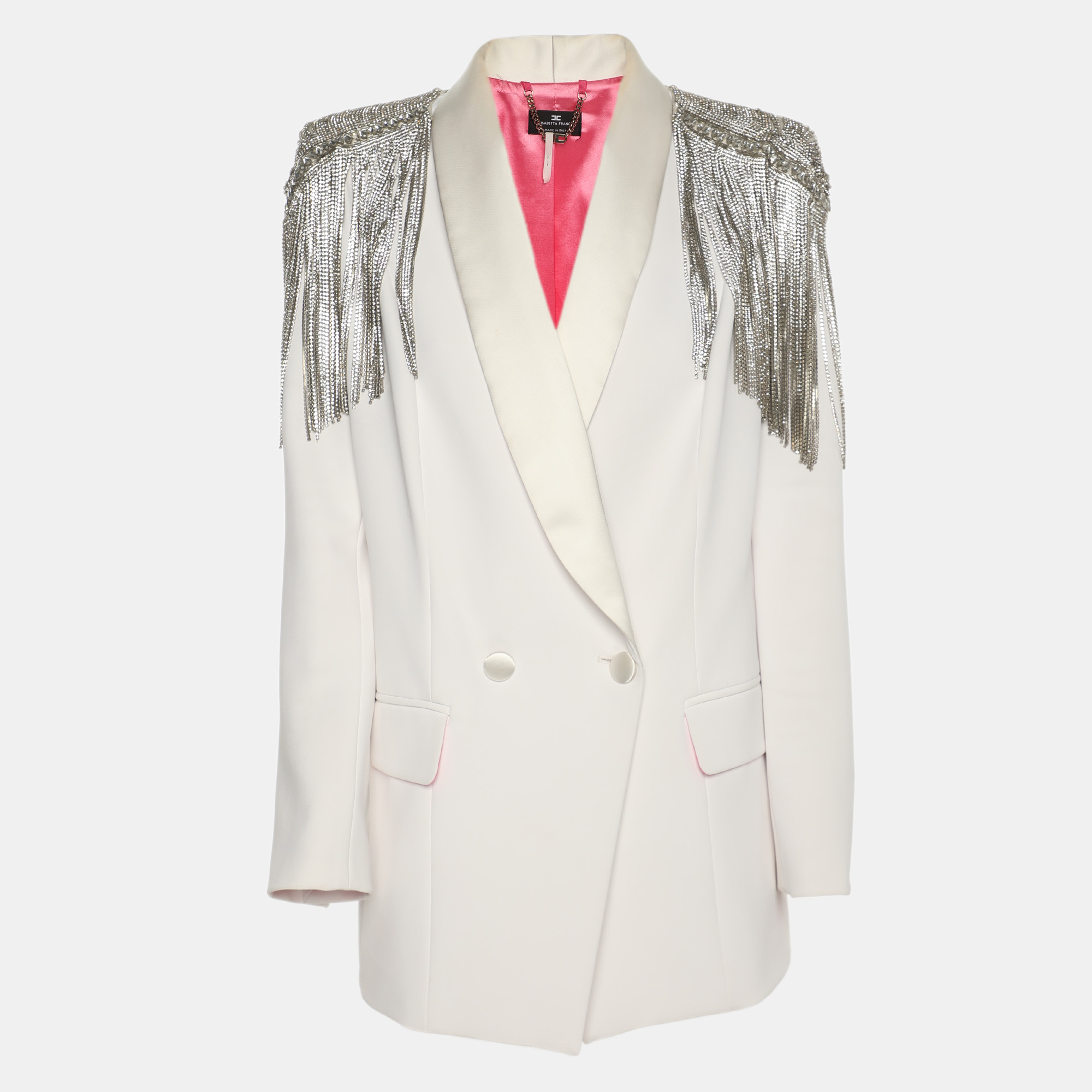 Elisabetta Franchi White Stretch Crepe Metal and Crystal Fringe Double Breasted Blazer