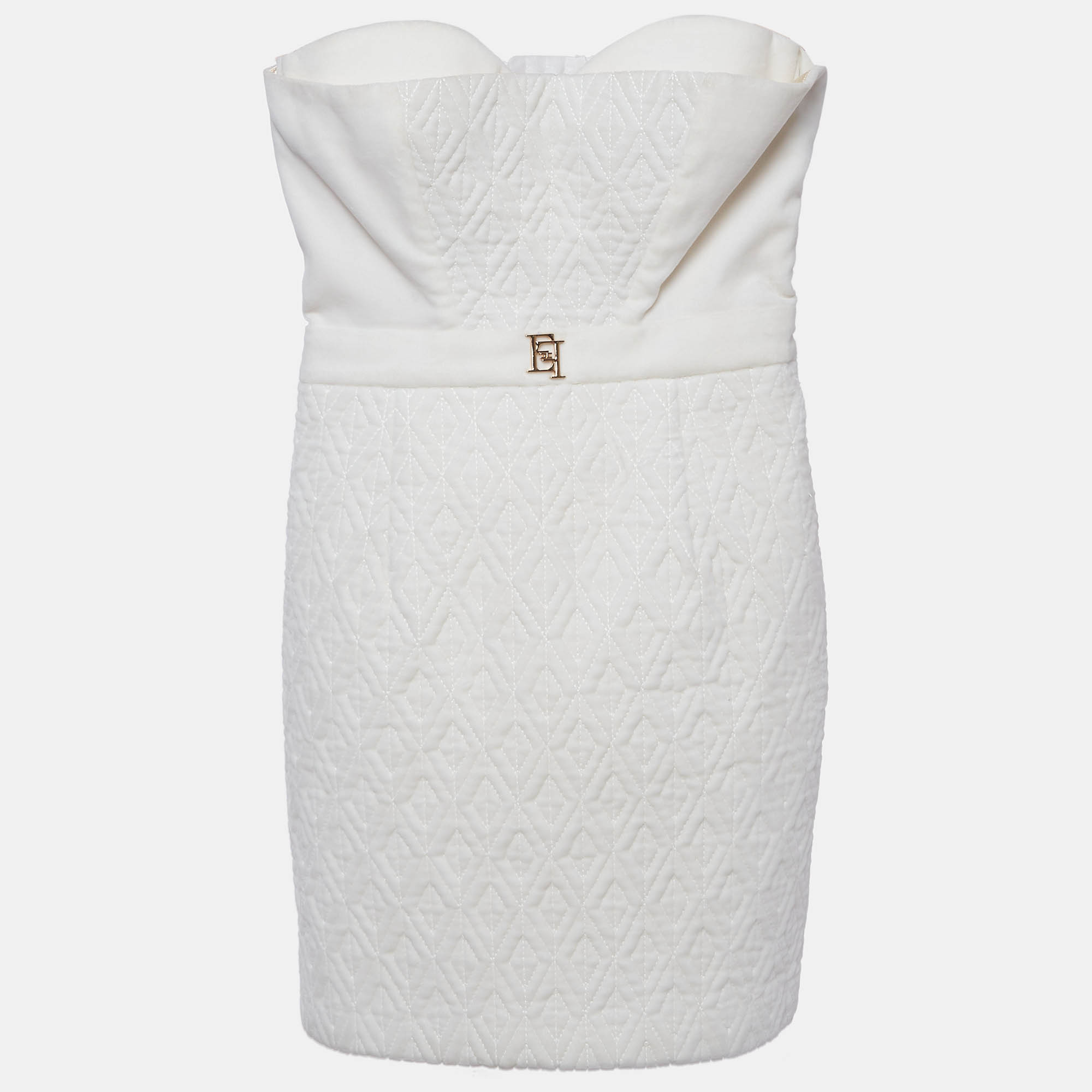 Elisabetta Franchi Off White Textured Velvet Strapless Mini Dress