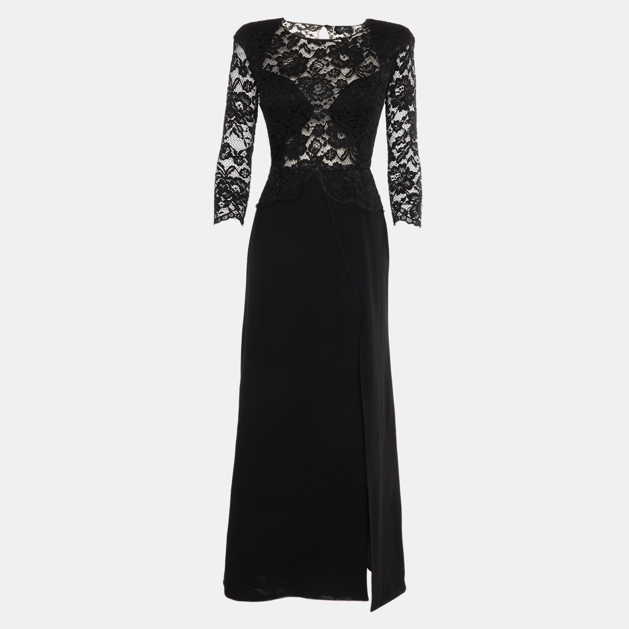 Elisabetta Franchi Black Crepe and Lace Slit Maxi Dress