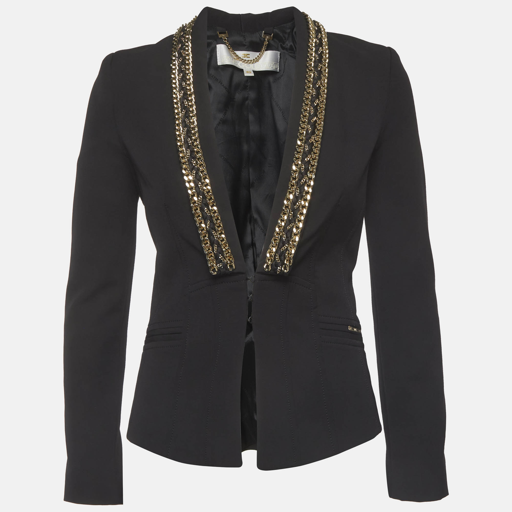 Elisabetta Franchi Gold Black Crepe Chain Trim Blazer