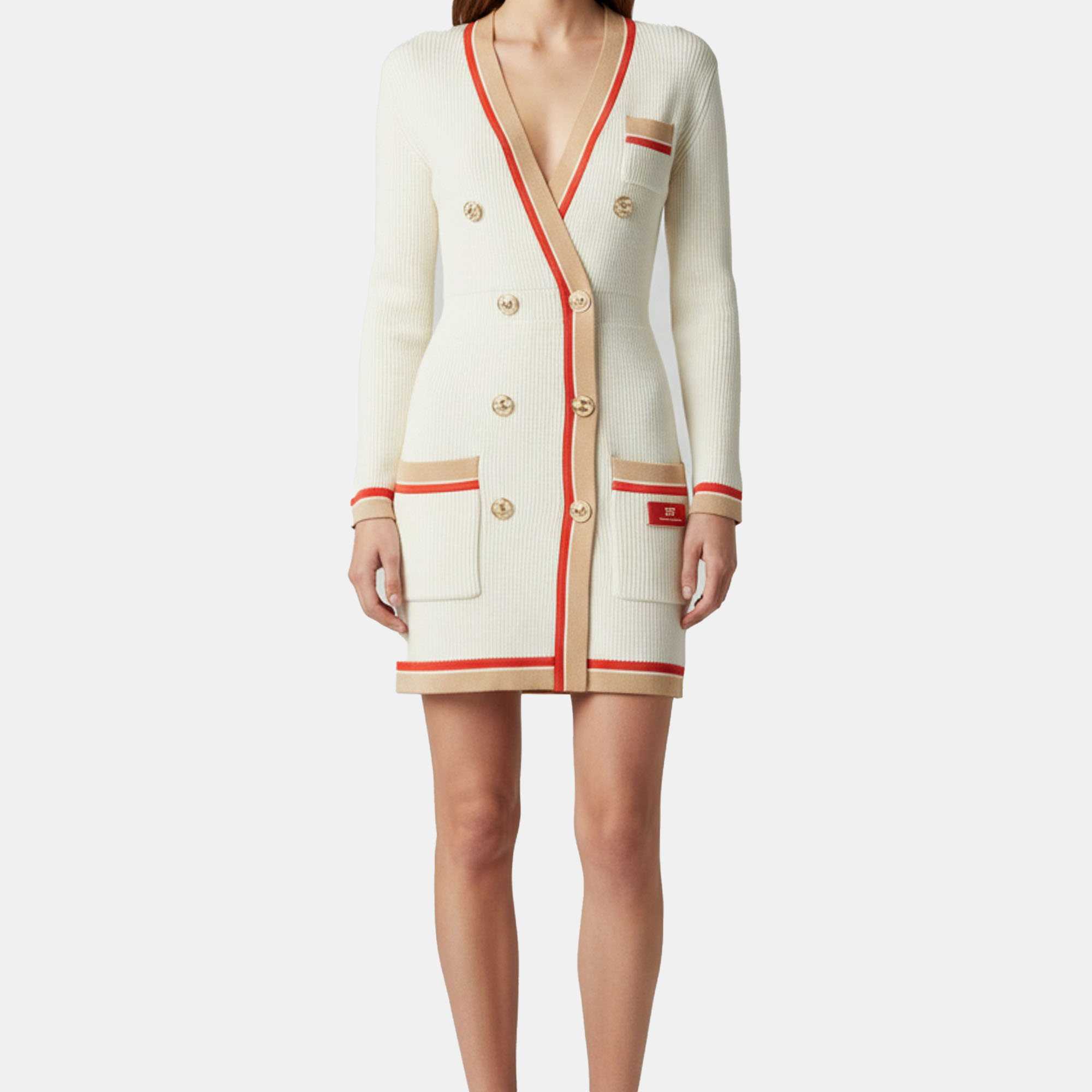 Elisabetta Franchi Cream Cotton Knit Long Sleeve Mini Dress