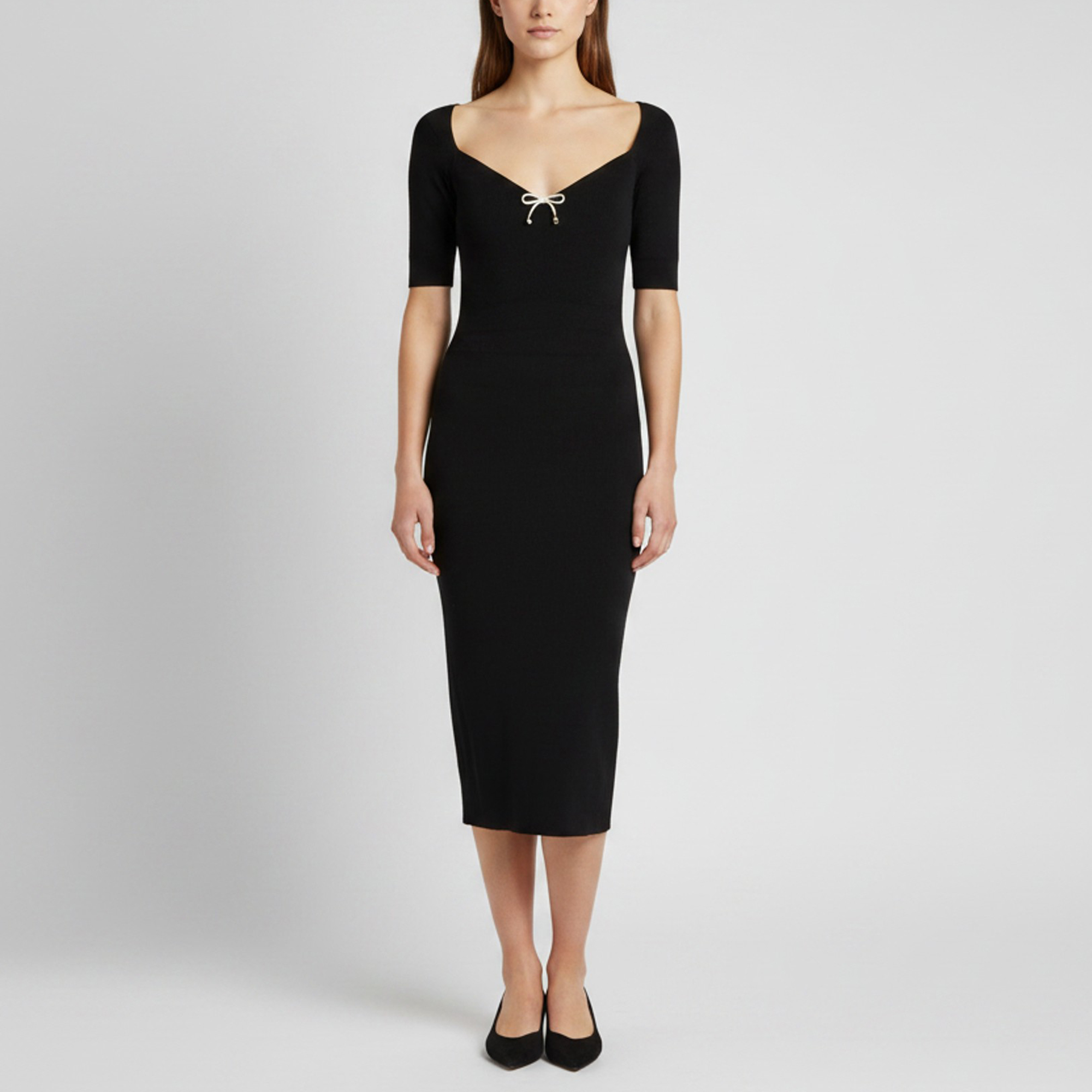 Elisabetta Franchi Black Rib Knit Sweetheart Neck Midi Dress