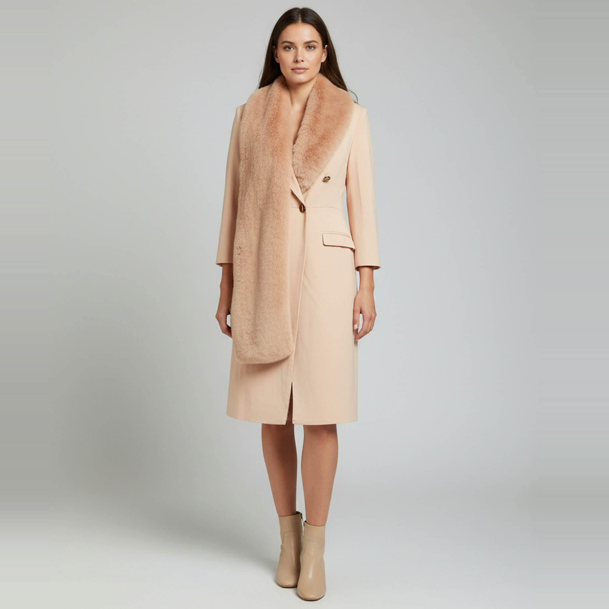 Elisabetta Franchi Peach Wool Blend & Faux Fur Collar Coat Dress