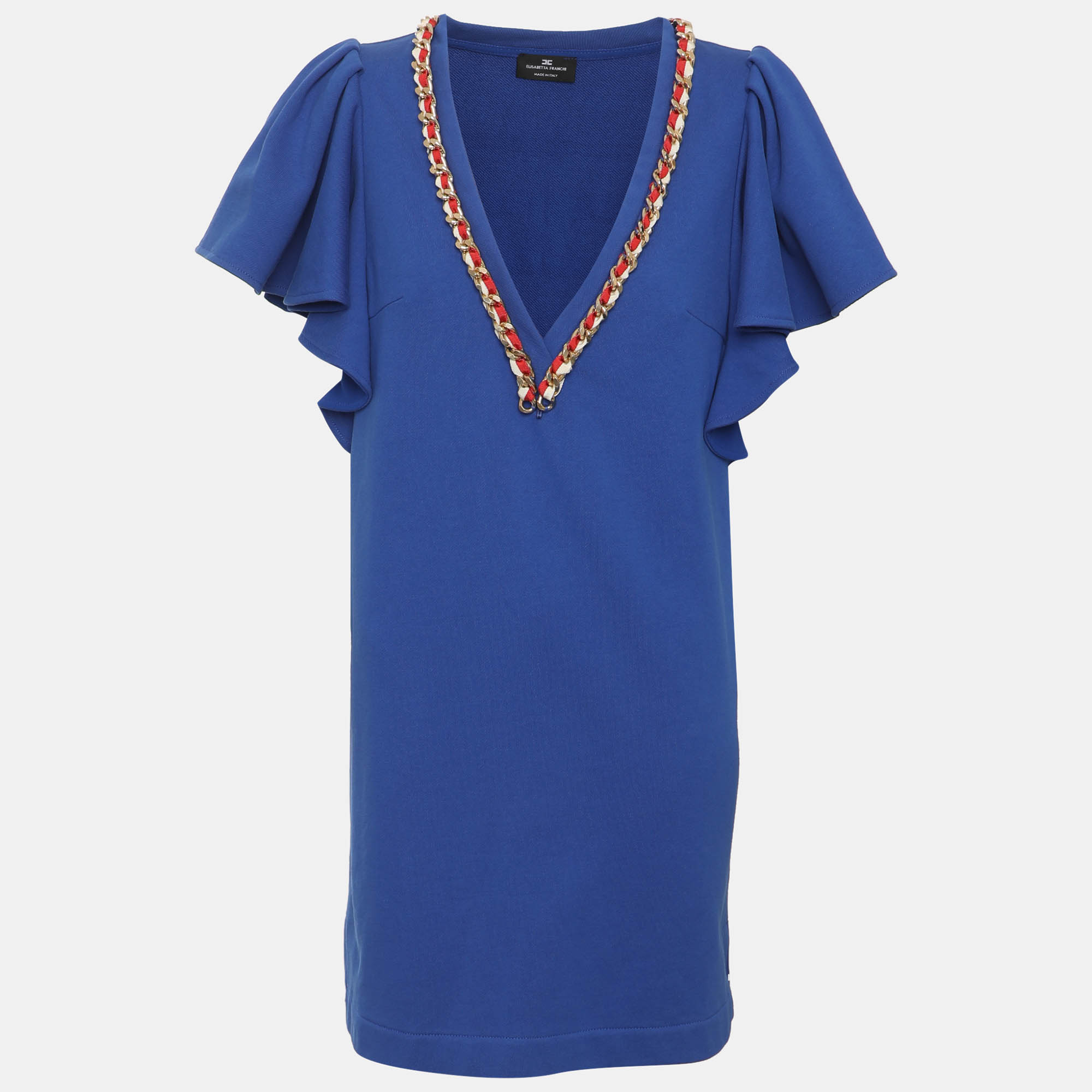 Elisabetta Franchi Blue Jersey Chain Embellished Ruffled Sleeve Mini Dress