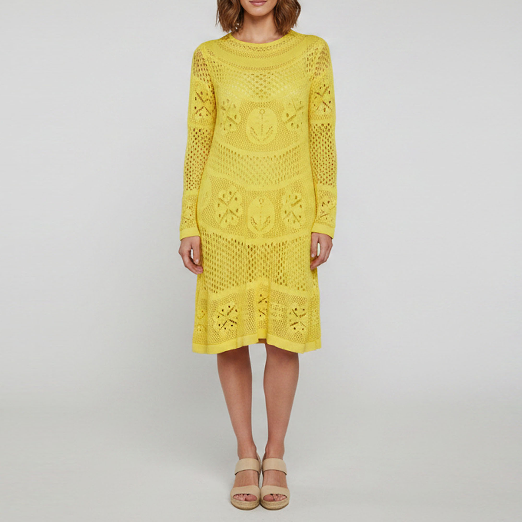 Elisabetta Franchi Yellow Crochet Long Sleeve Mini Dress