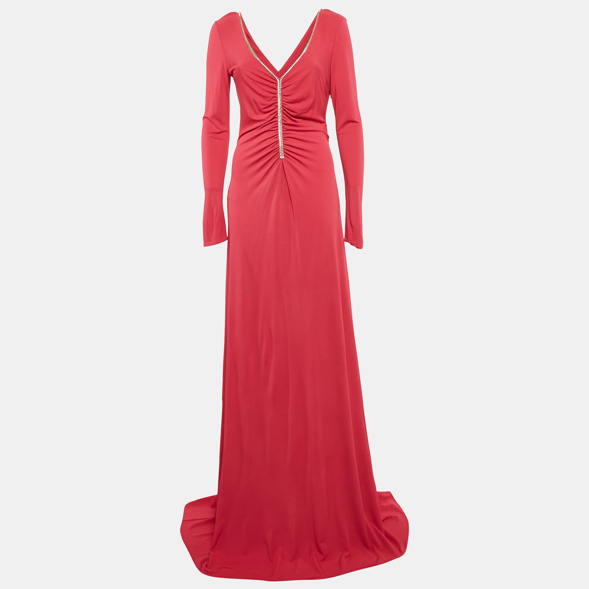 Emilio Pucci Pink Jersey Stud Detail Ruched Maxi Dress