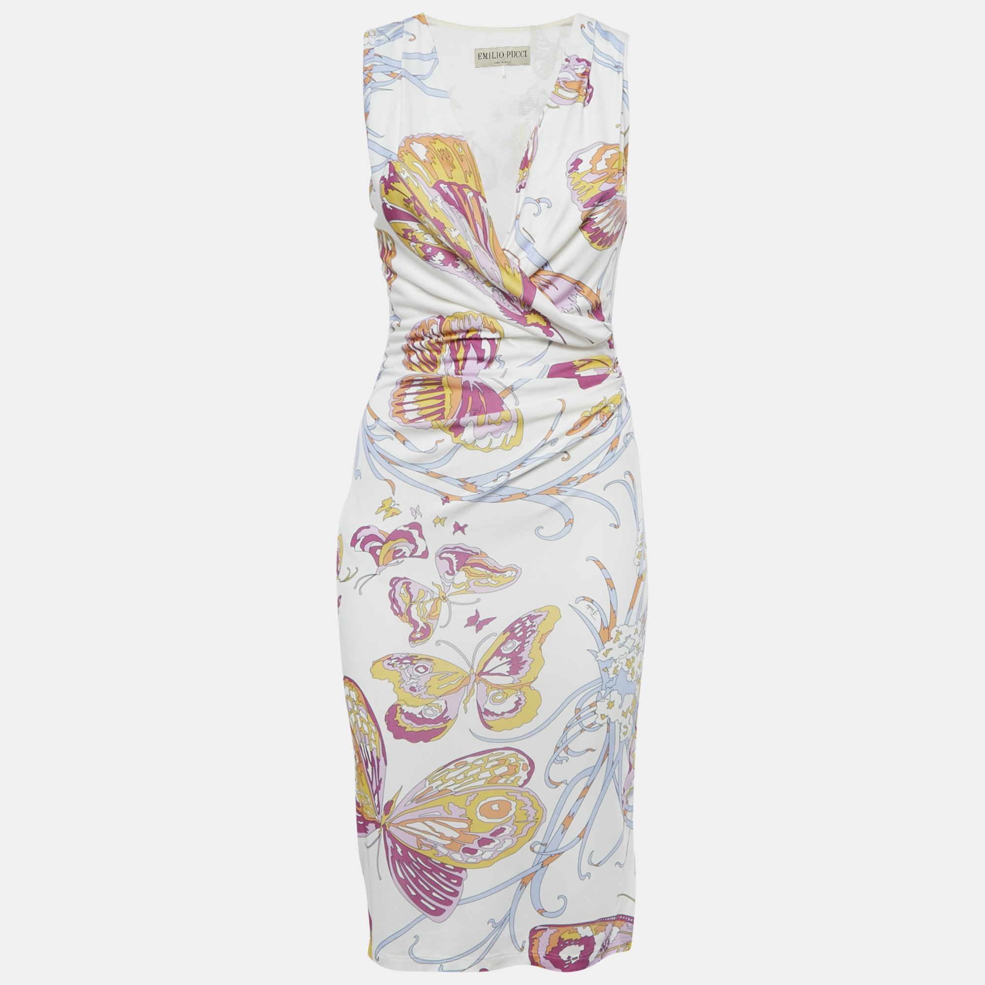 Emilio Pucci White Printed Jersey Draped Sleeveless Midi Dress