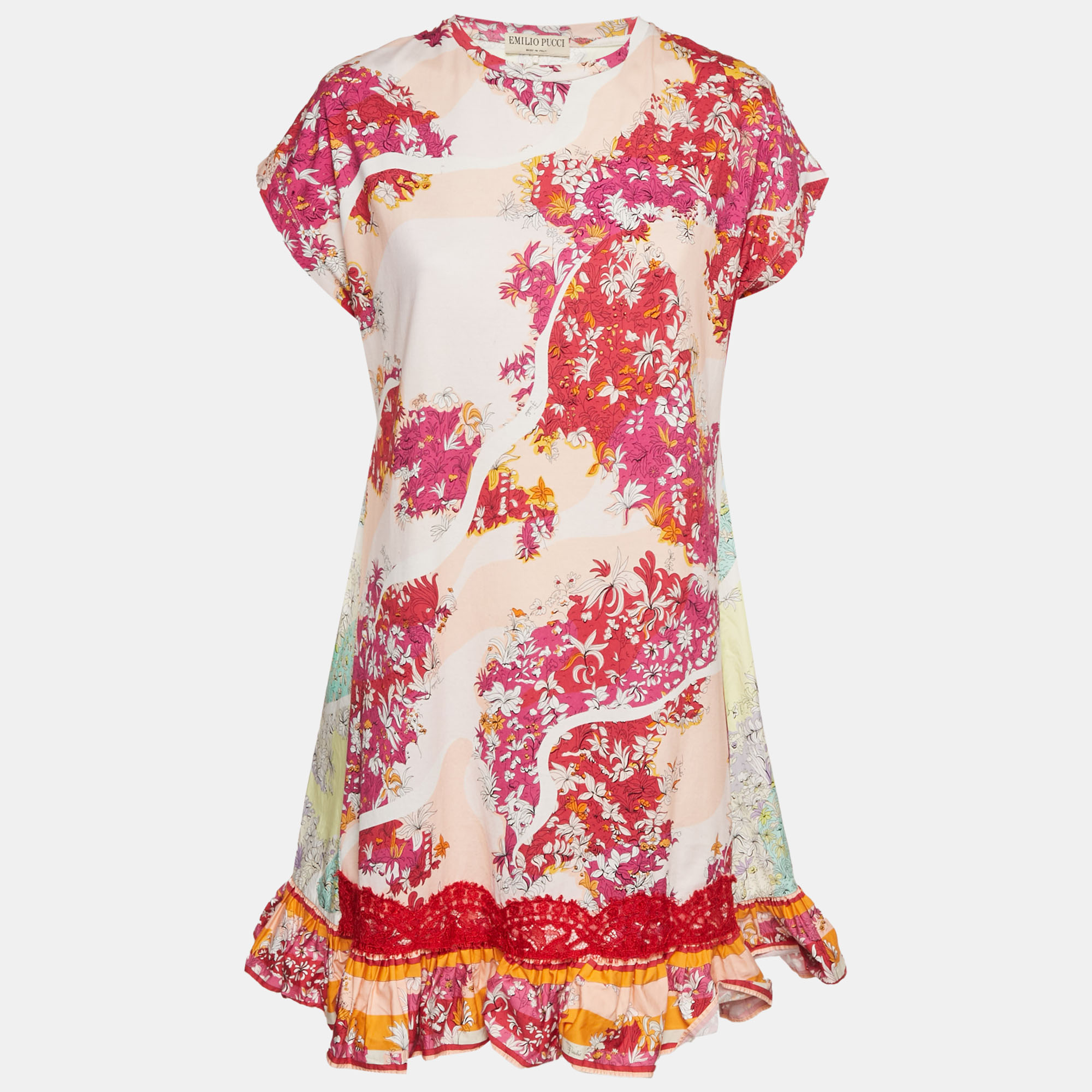 Emilio Pucci Multicolor Floral Print Cotton Flounce Mini Dress