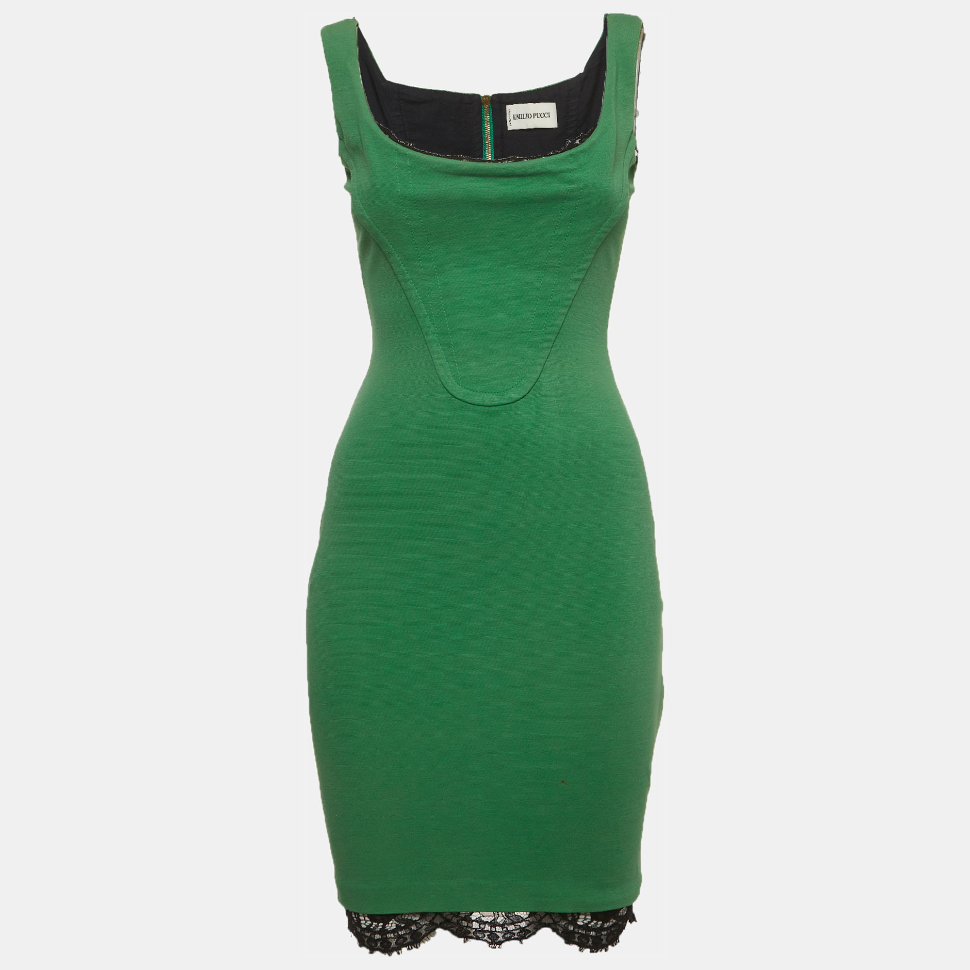 Emilio Pucci Green Knit Scalloped Lace Trim Sleeveless Bodycon Dress