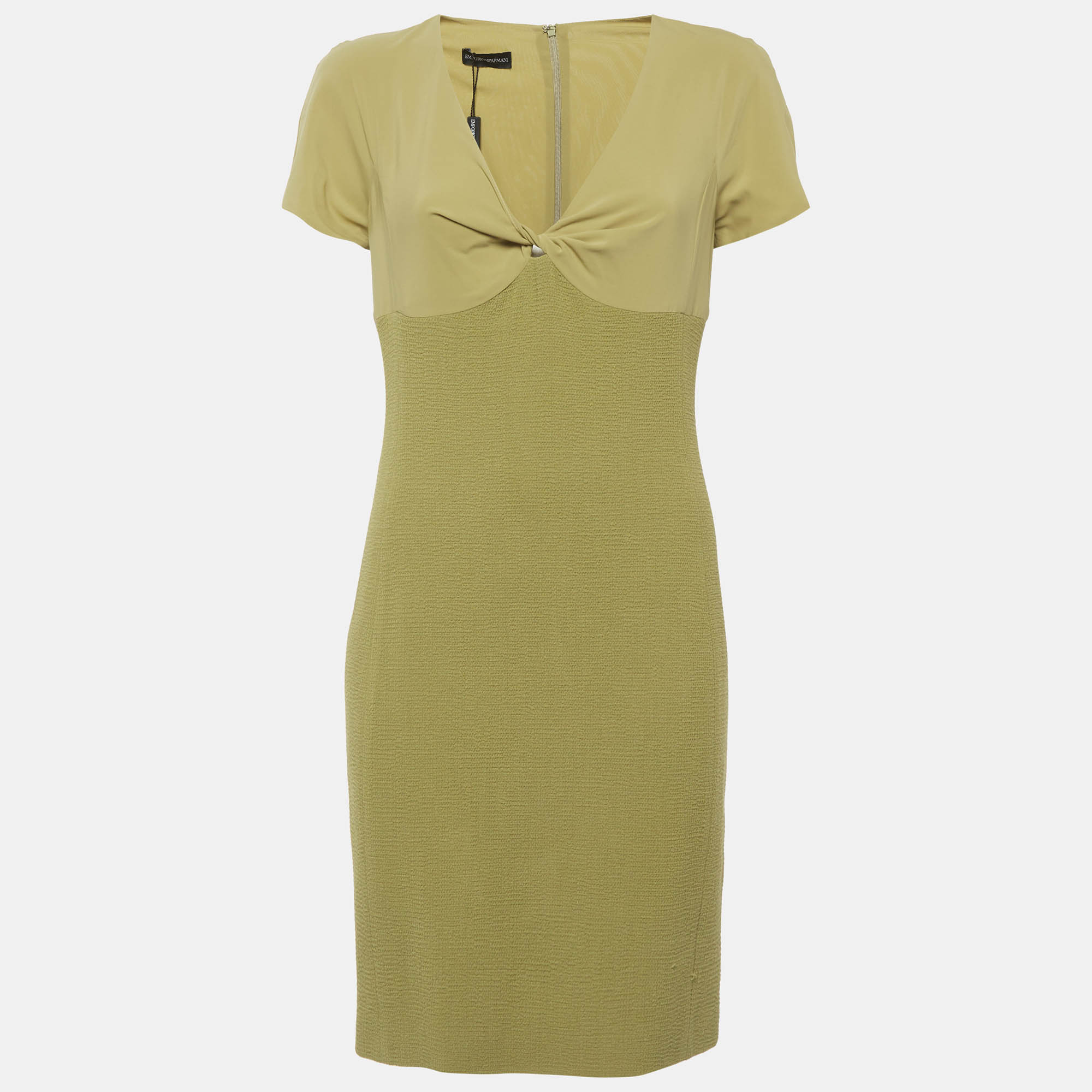 Emporio Armani Green Chiffon and Textured Knit Plunge Neck Mini Dress
