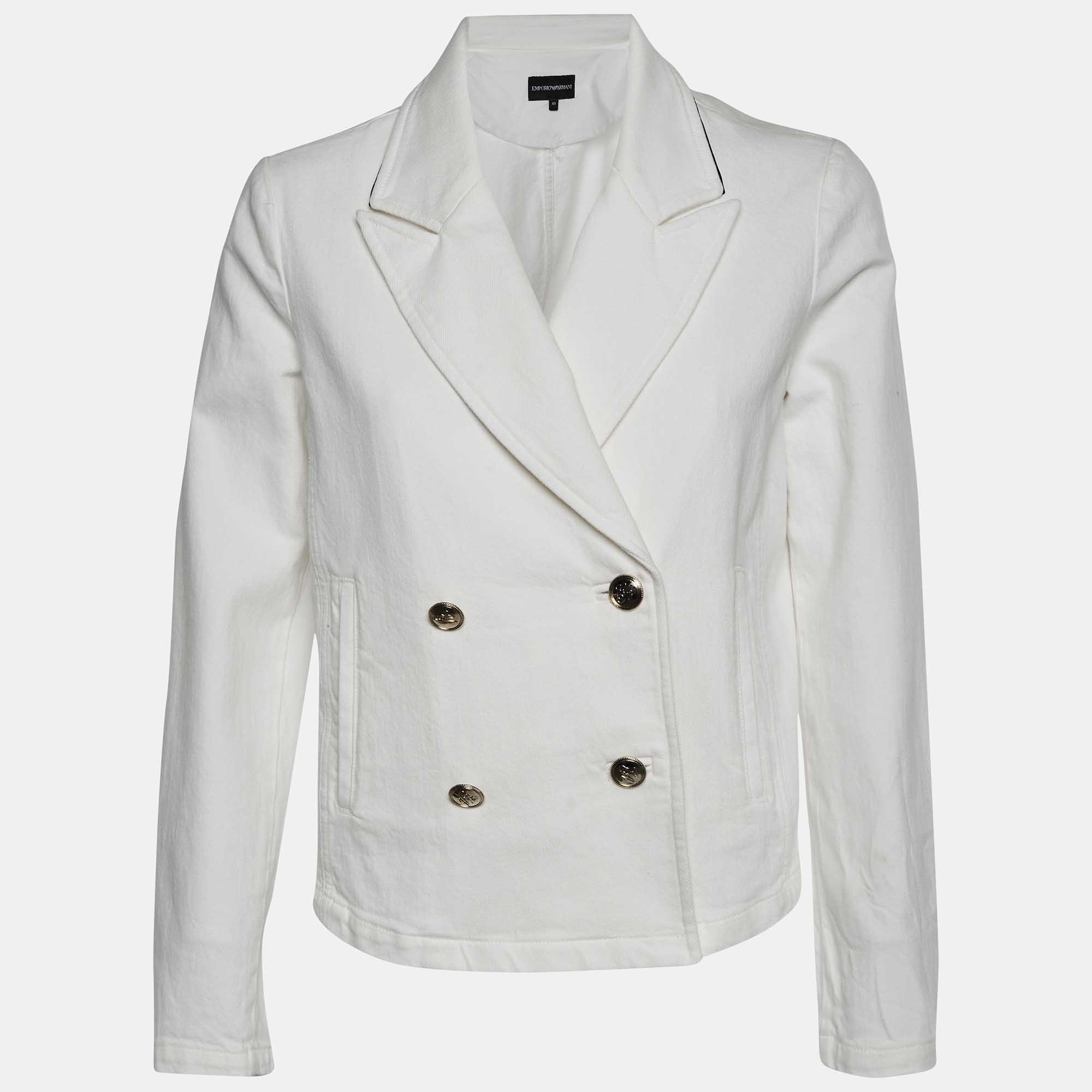 Emporio Armani White Denim Double Breasted Cropped Sailor Jacket