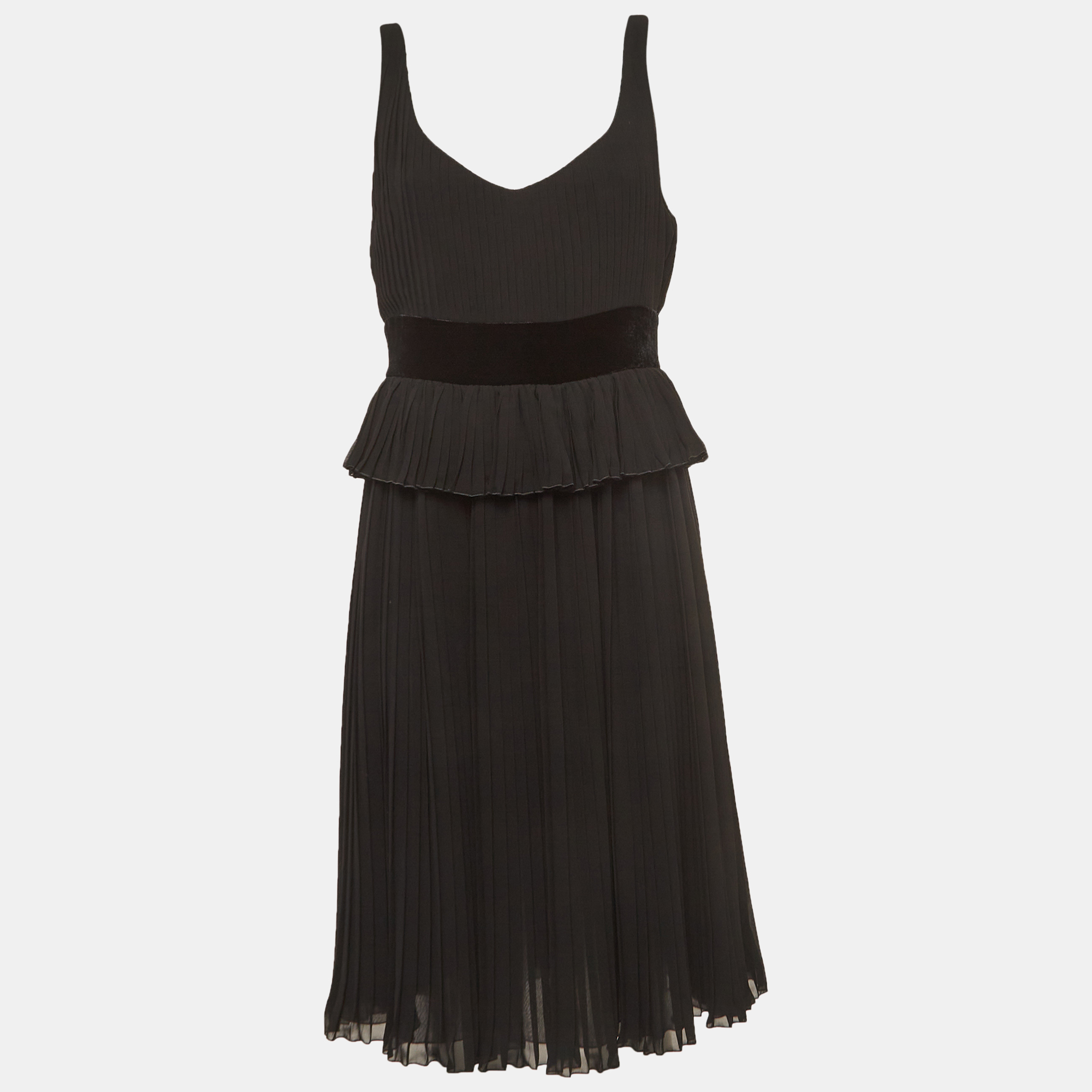 Emporio Armani Black Velvet Trim Crepe Pleated Midi Dress
