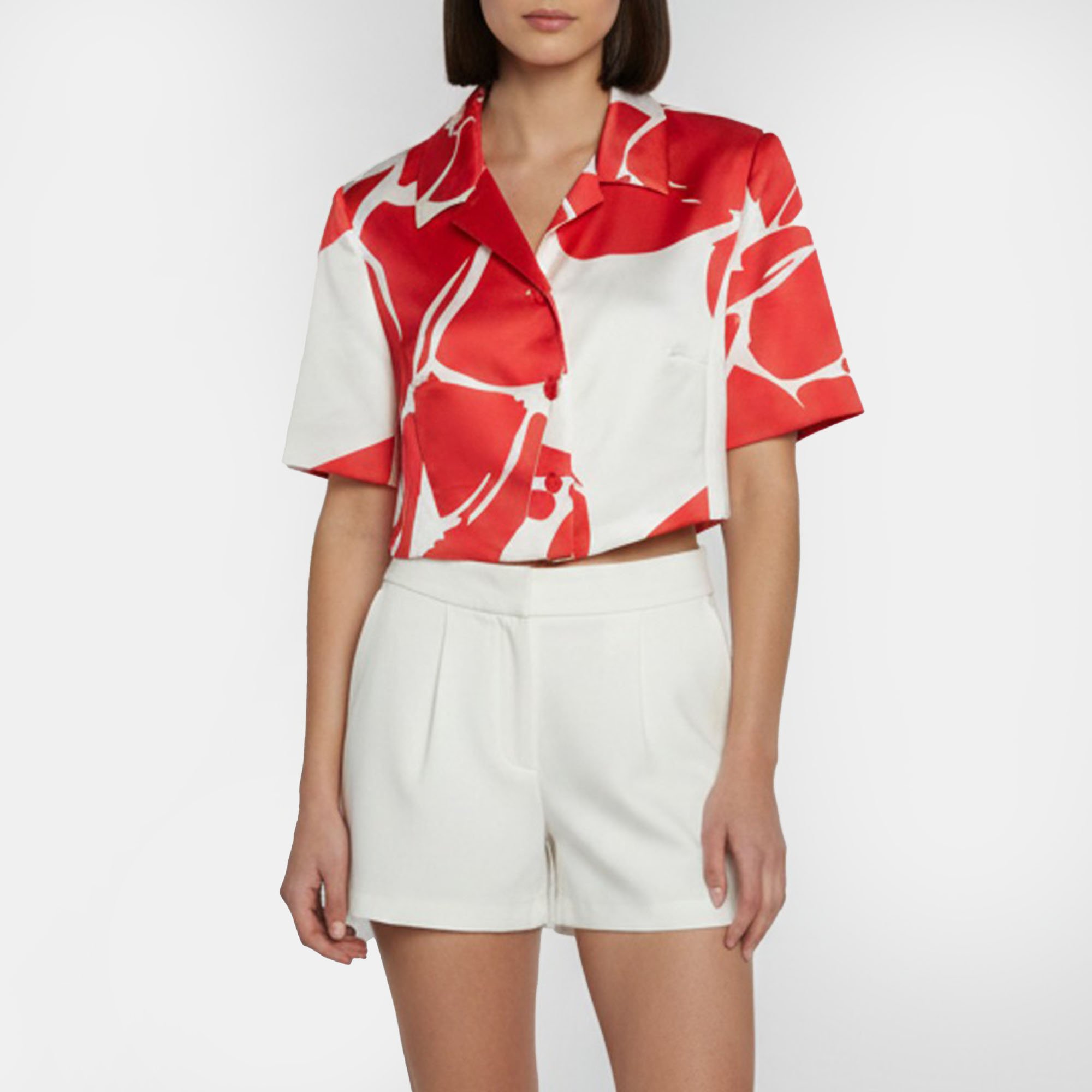 Escada RedWhite Floral Patterned Satin Cropped Blazer