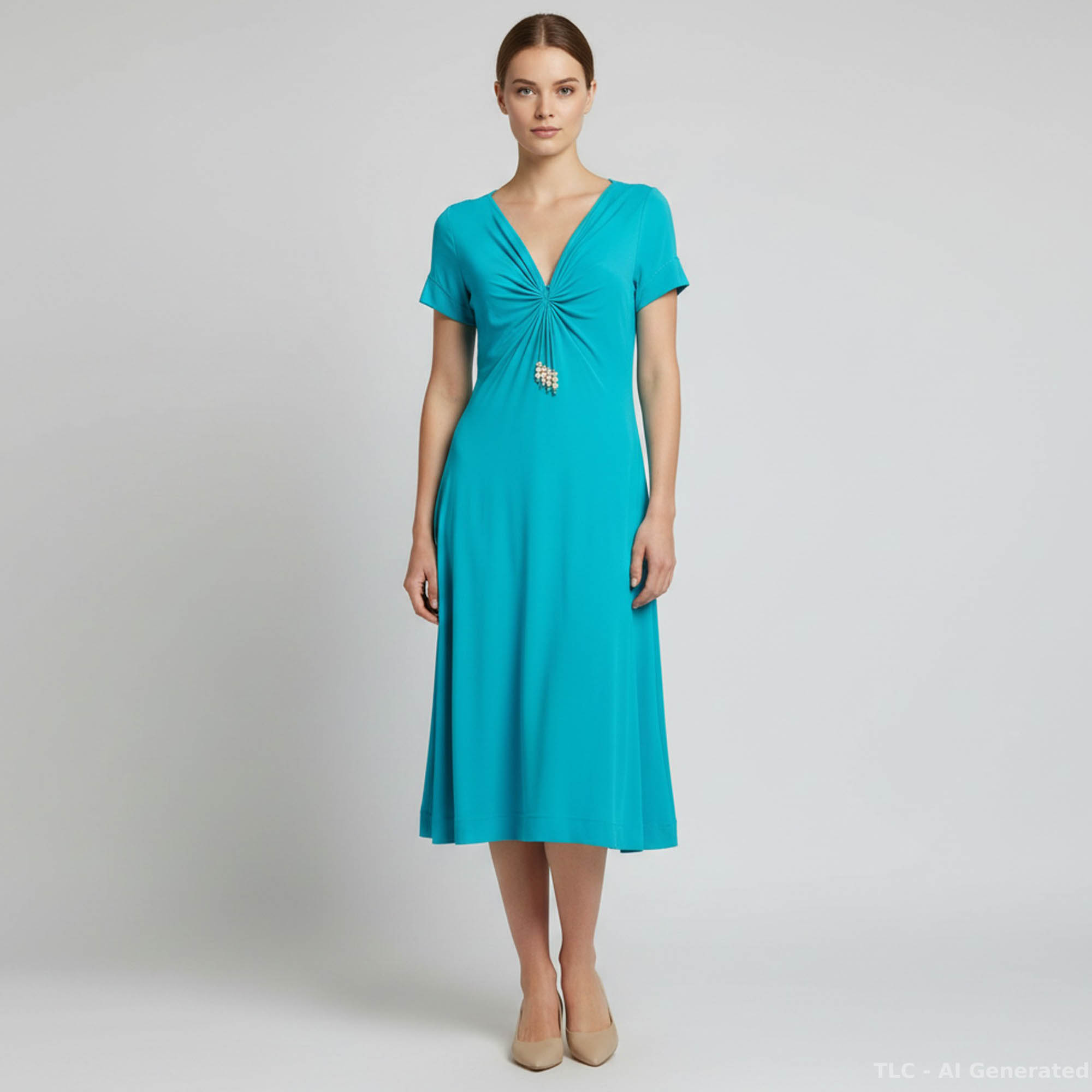 Escada Turquoise Knit Ruched Beaded Tassel Midi Dress