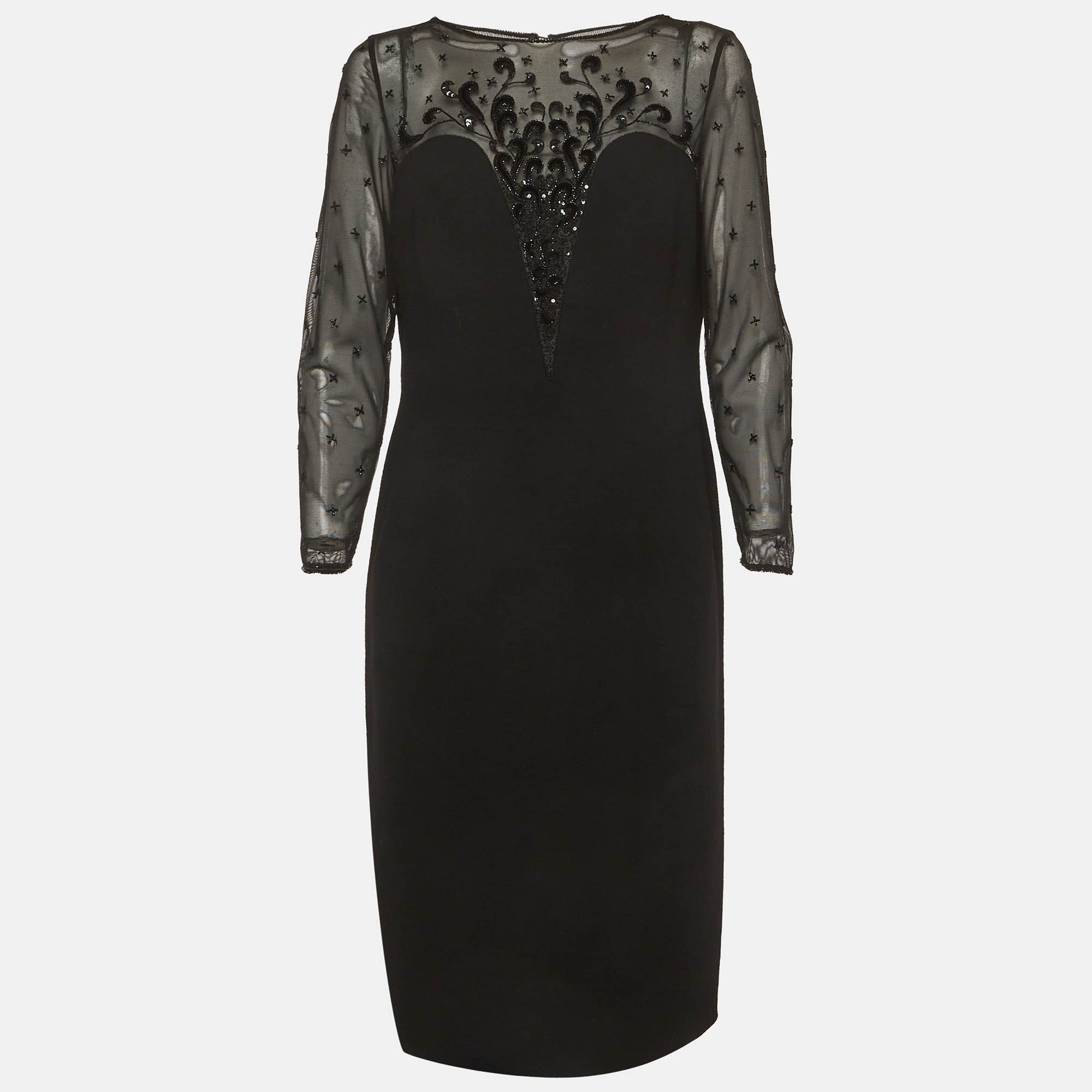 Escada Couture Black Bead Embellished Lace and Wool Crepe Dress