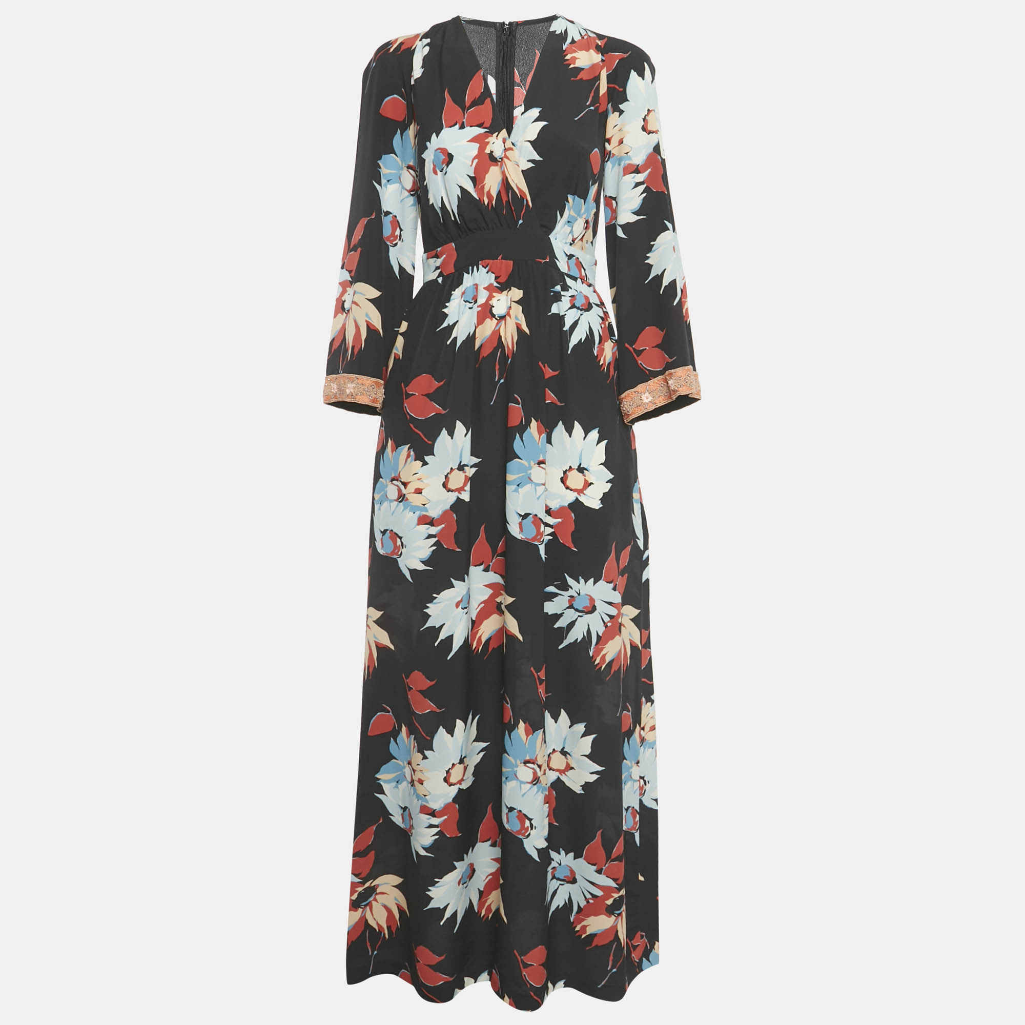Etro Black Floral Print Silk Embellished Cuff Detail Dress