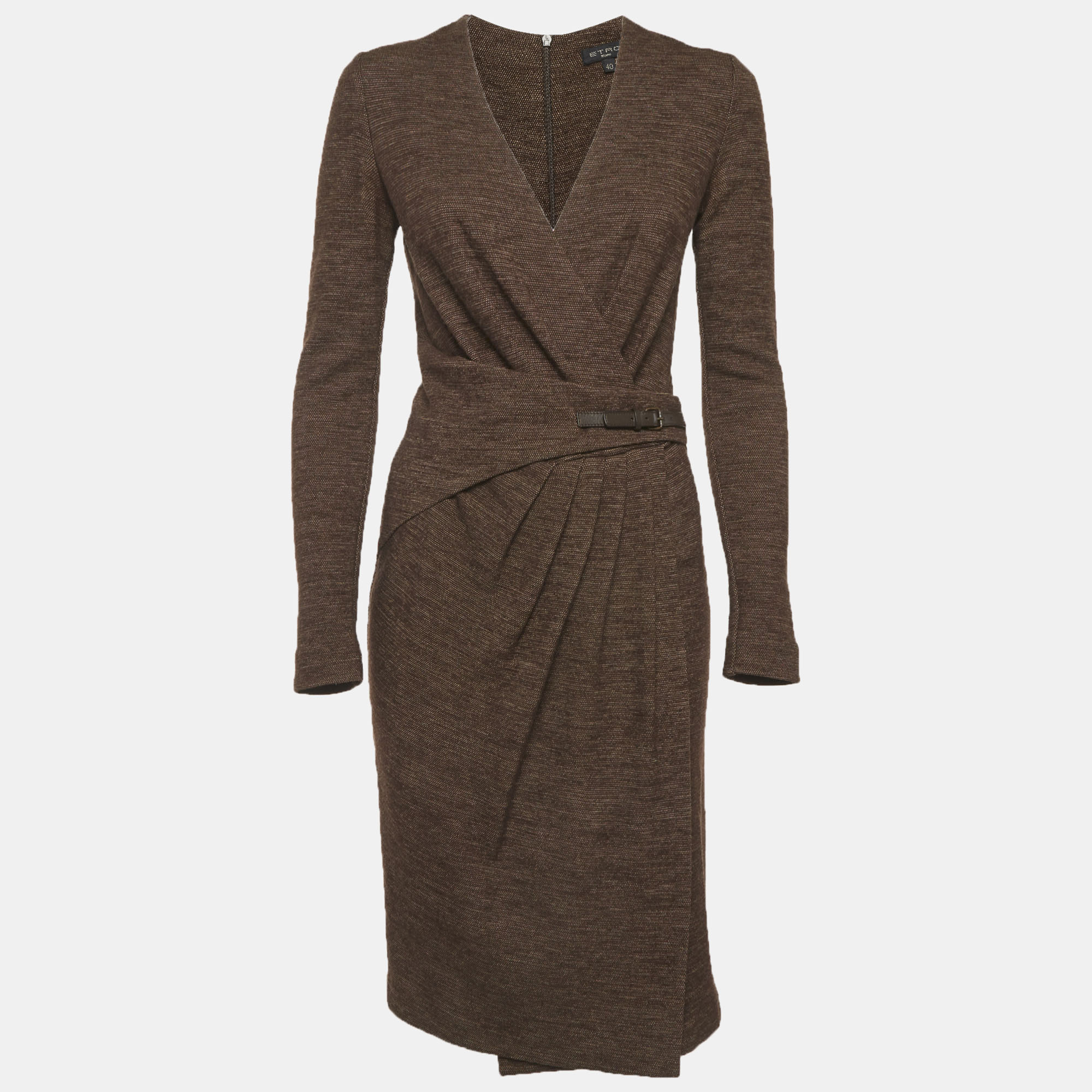 Etro Brown Wool Blend Knit Side Pleated Short Dress