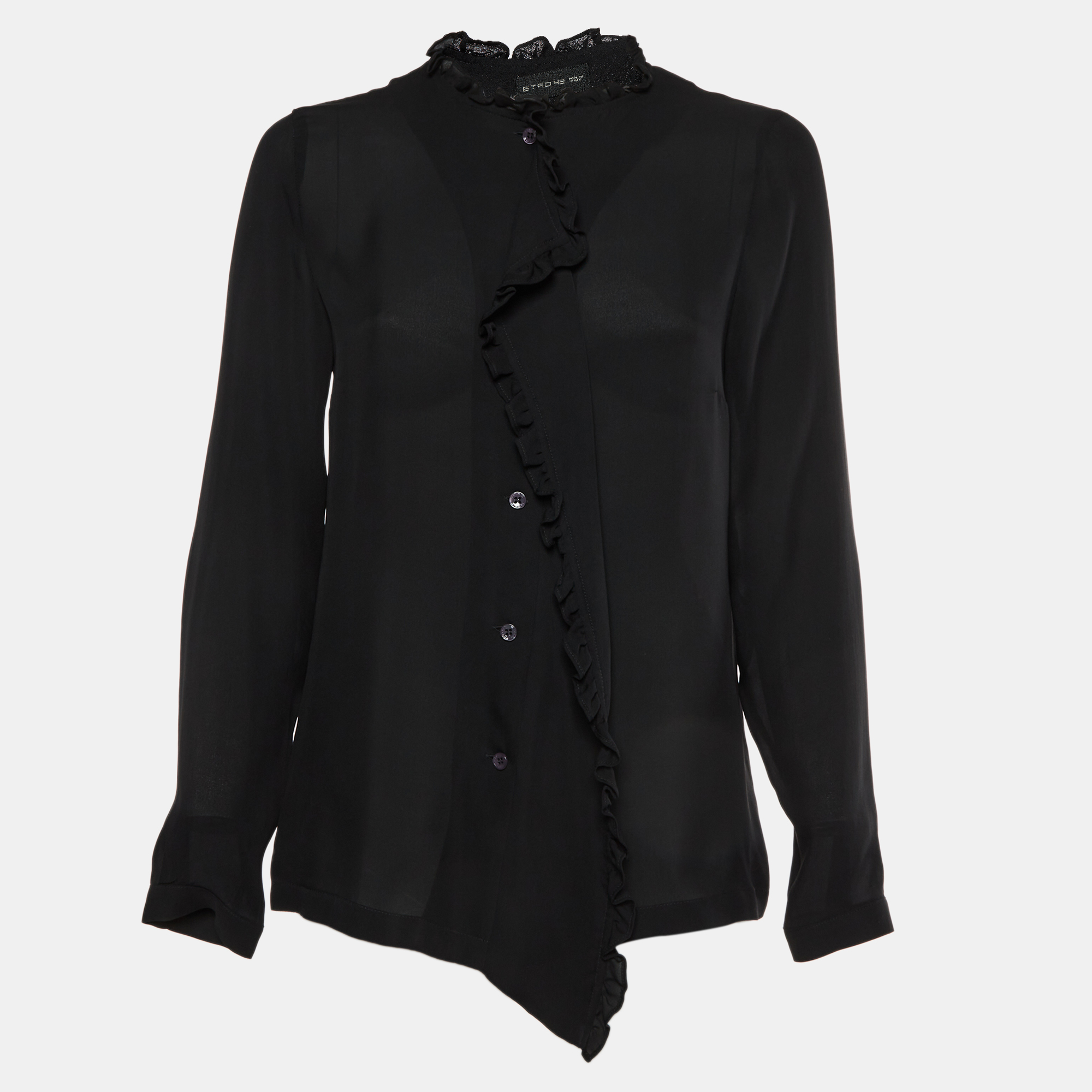Etro Black Silk Chiffon Button Up Ruffle Blouse
