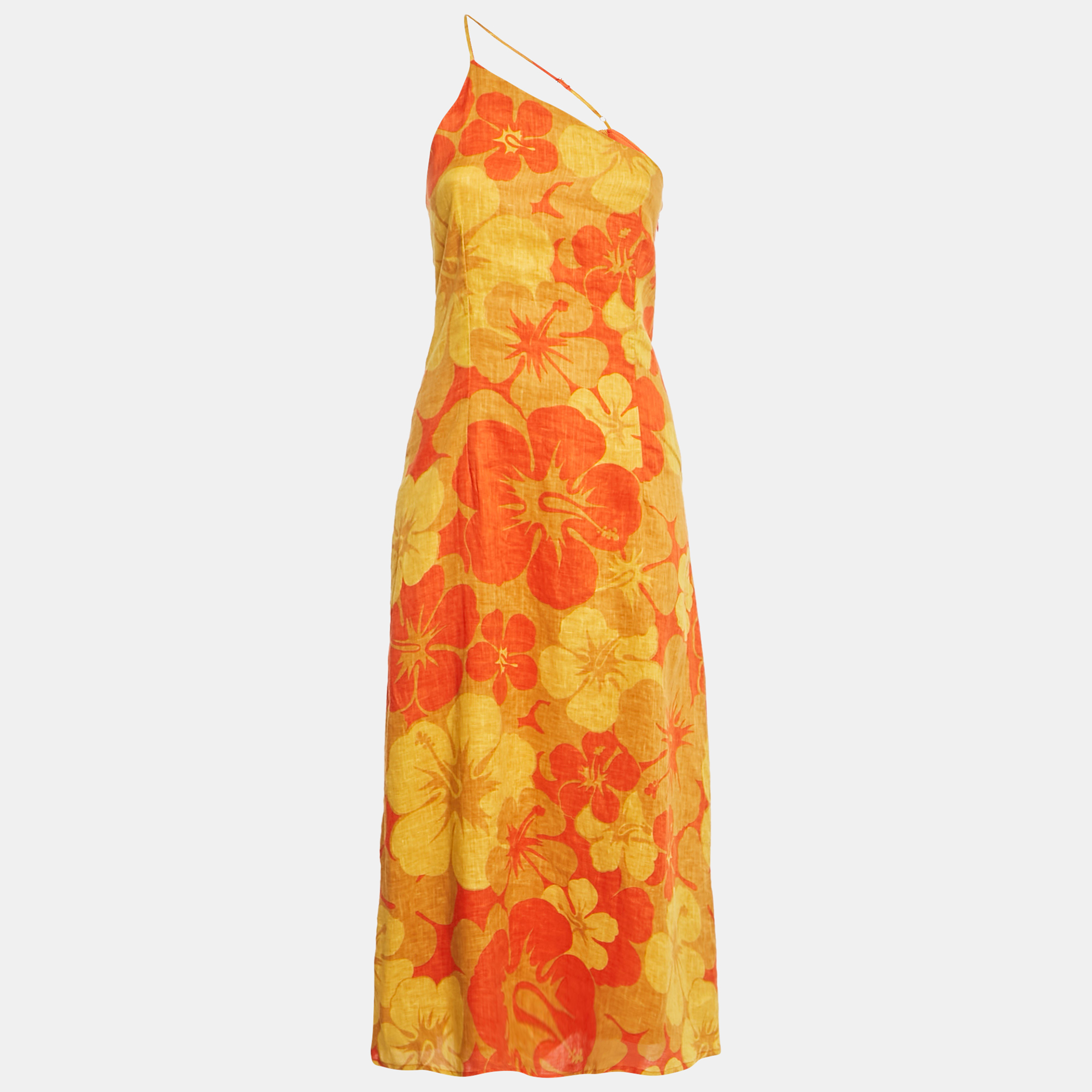 Faithfull The Brand YellowOrange Floral Print Linen Soko Midi Dress