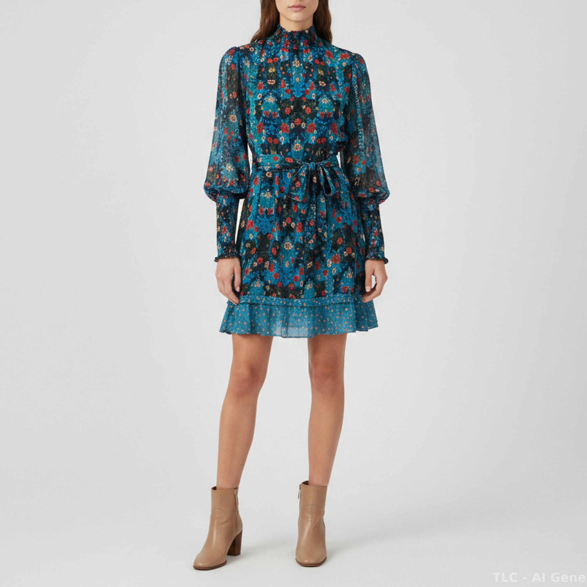 Farm Rio Blue Arabesque Floral Print Crepe Mini Dress