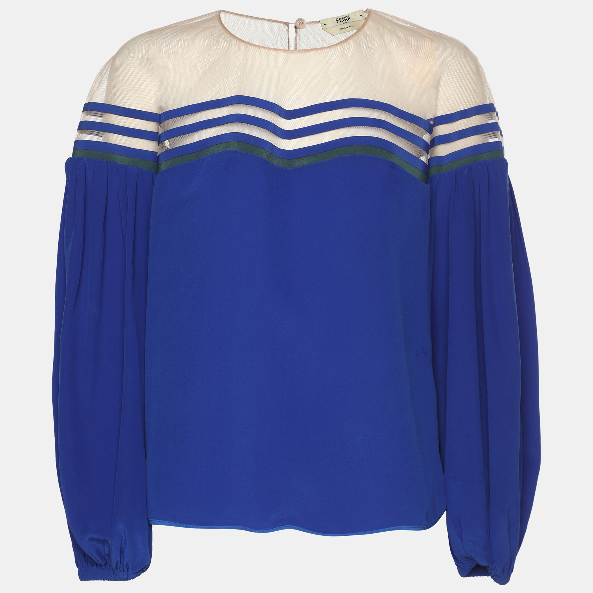 Fendi Blue Silk Tulle Illusion Long Sleeve Blouse