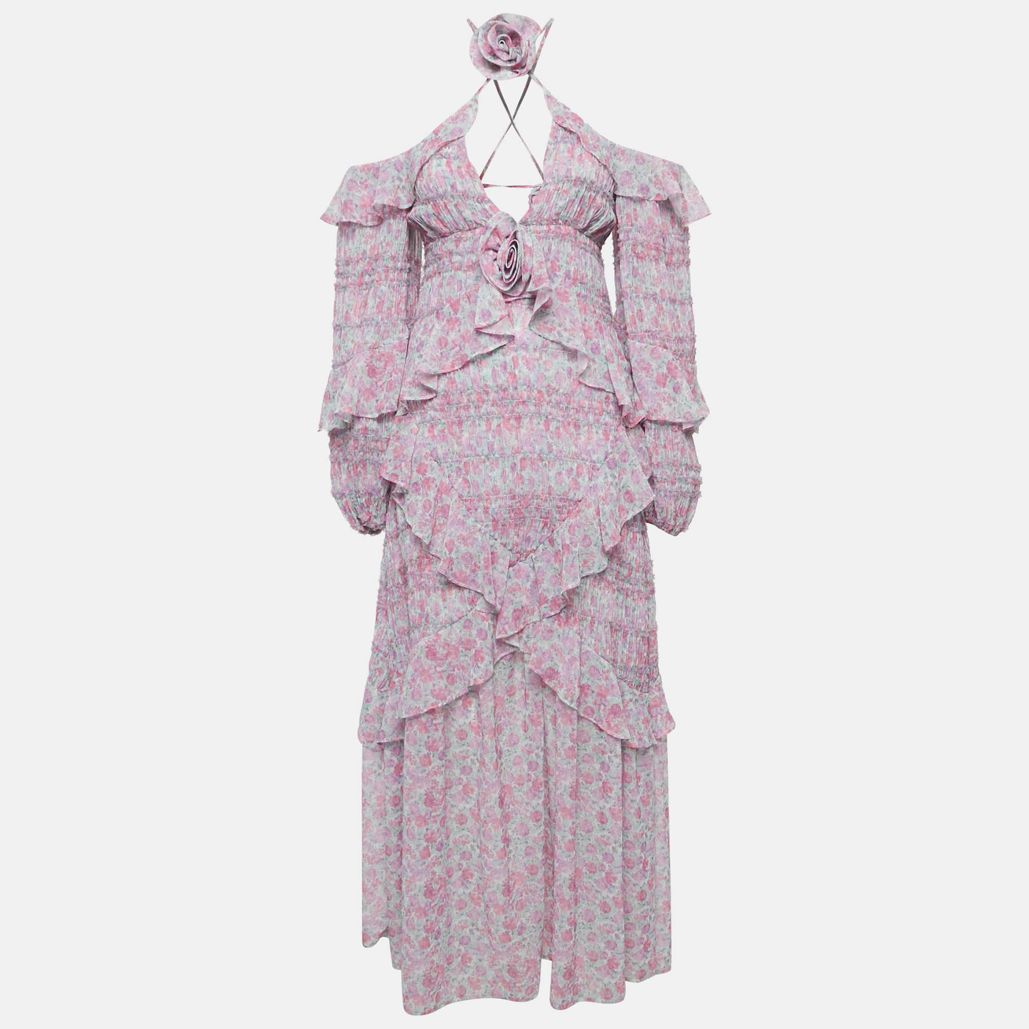 For Love & Lemons Pink Floral Print Chiffon Ruffled Rowan Maxi Dress
