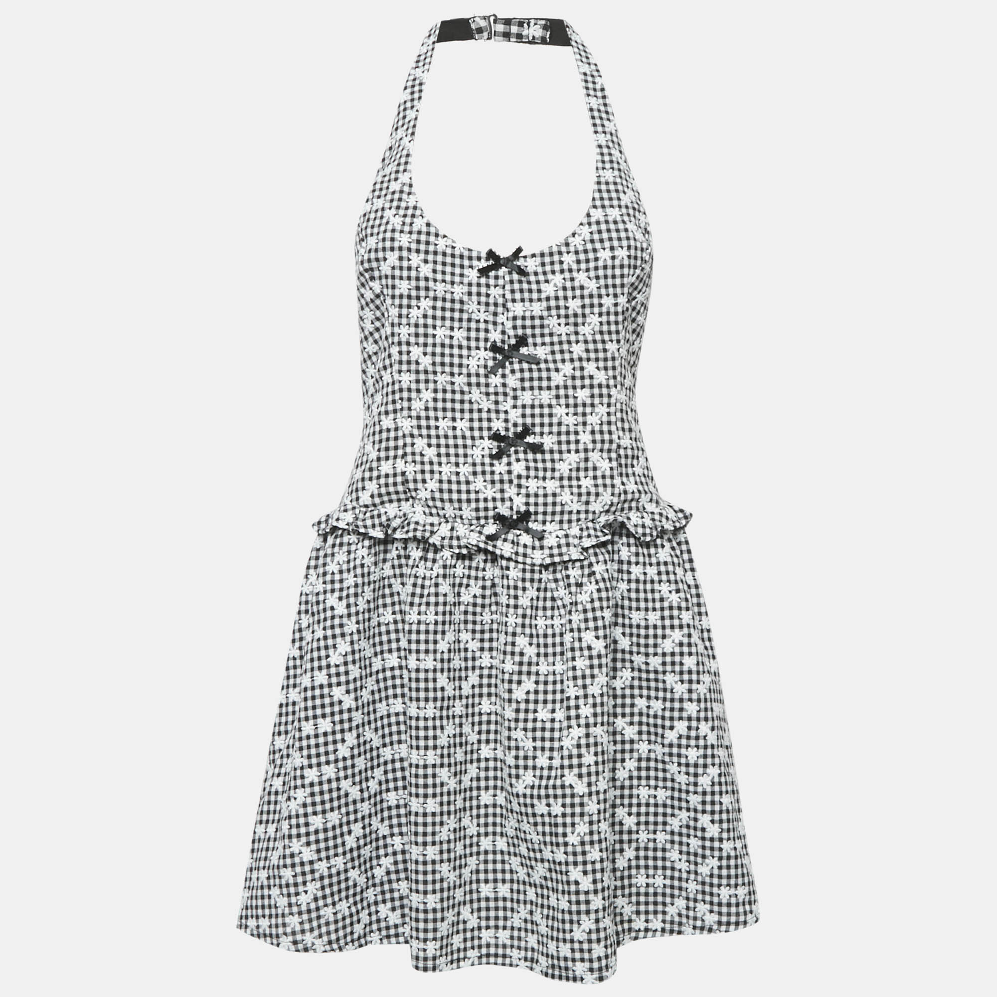 For Love & Lemons Monogram Floral Embroidered Checks Mini Dress