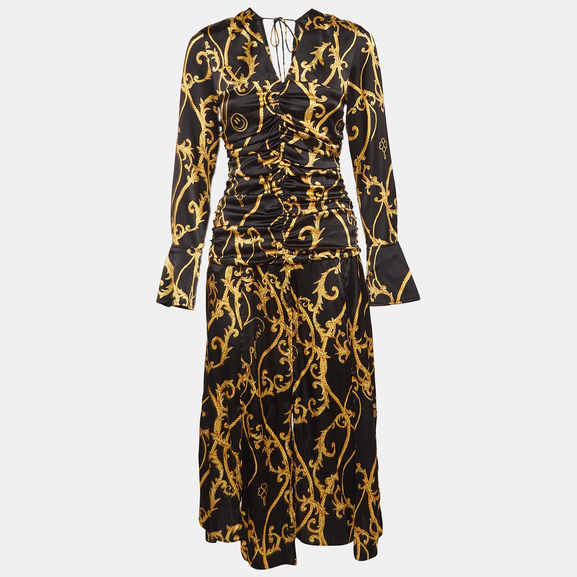 Ganni Black Printed Stretch Satin Ruched Midi Dress
