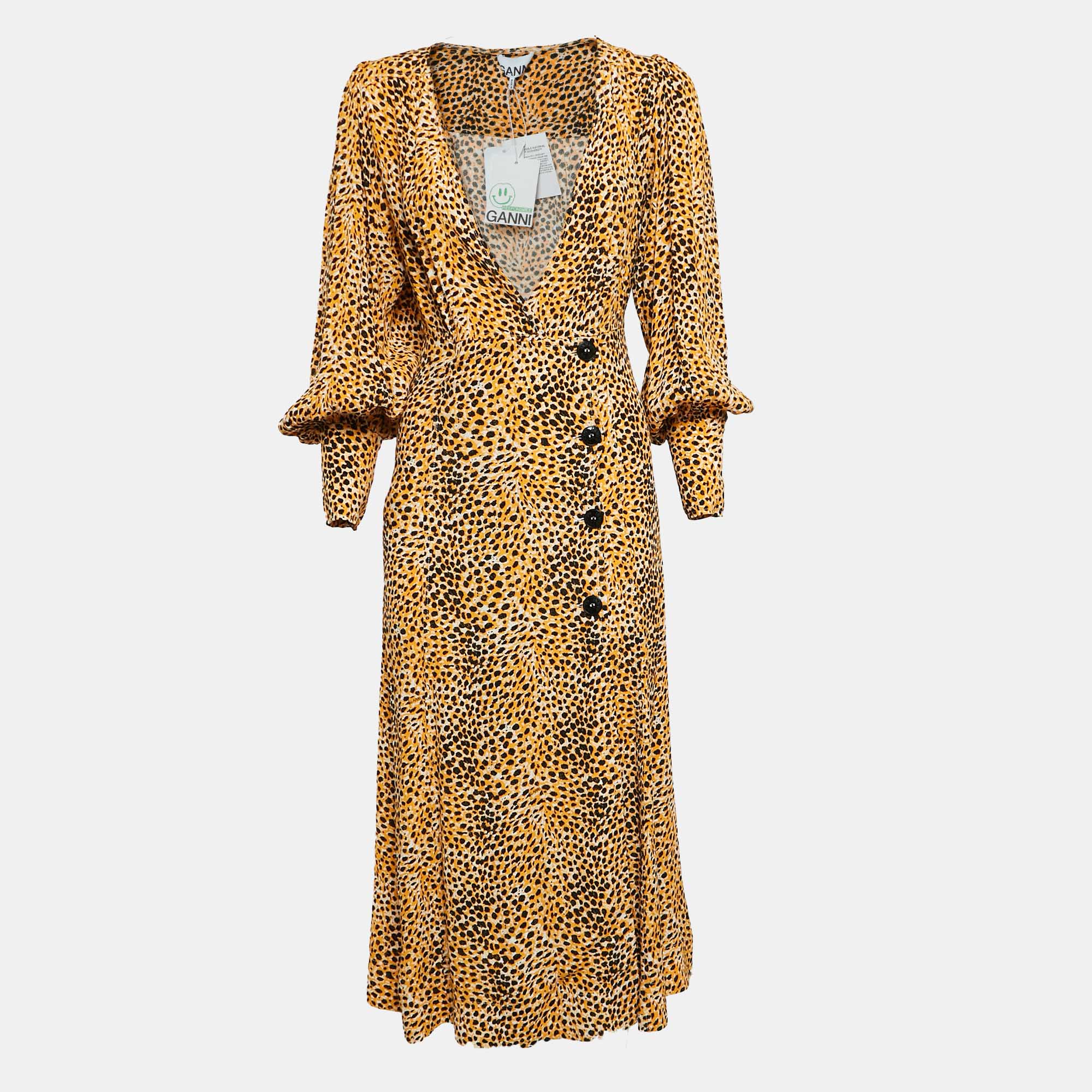 Ganni Yellow Leopard Print Crepe Buttoned Midi Dress