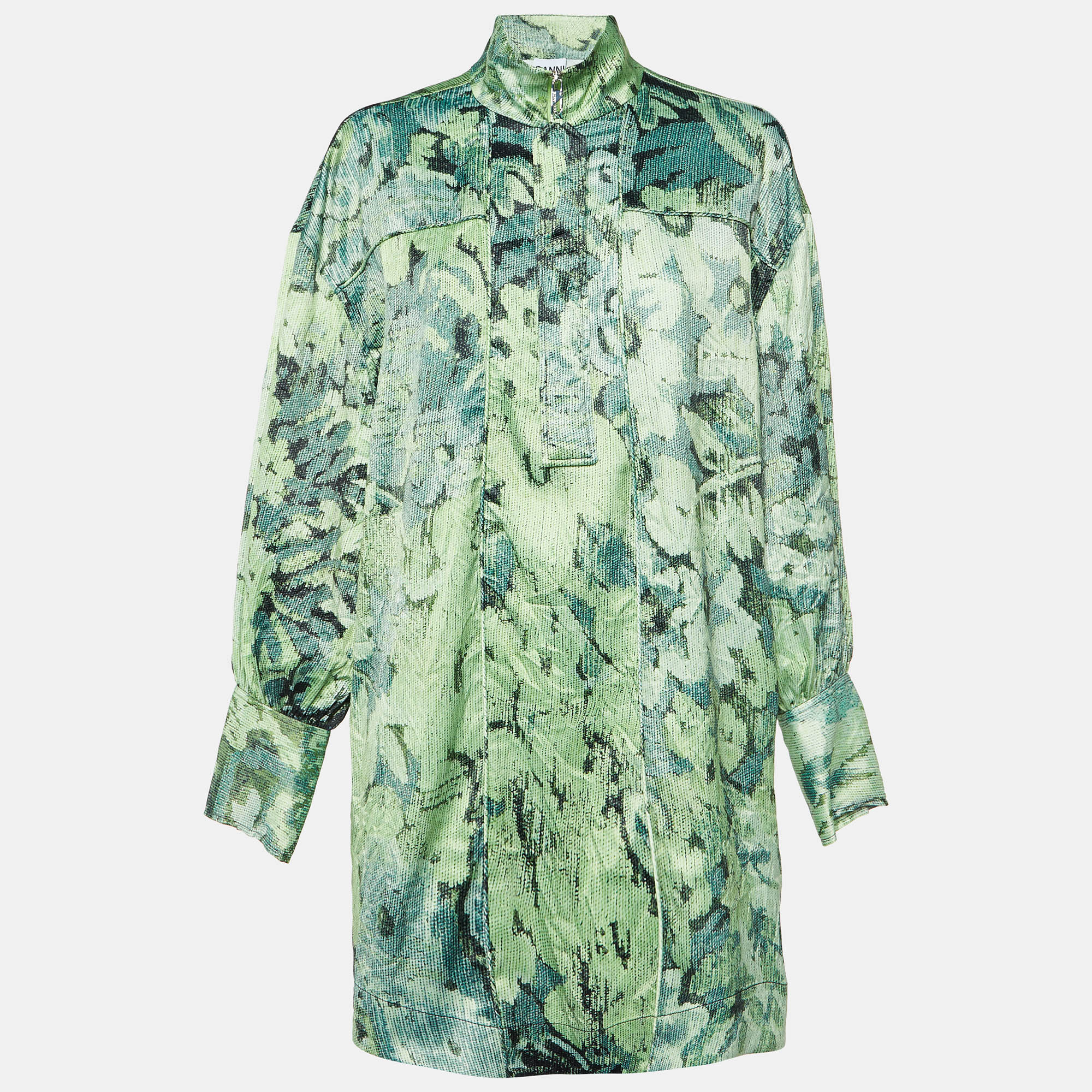 Ganni Green Abstract Floral Print Satin Mini Dress