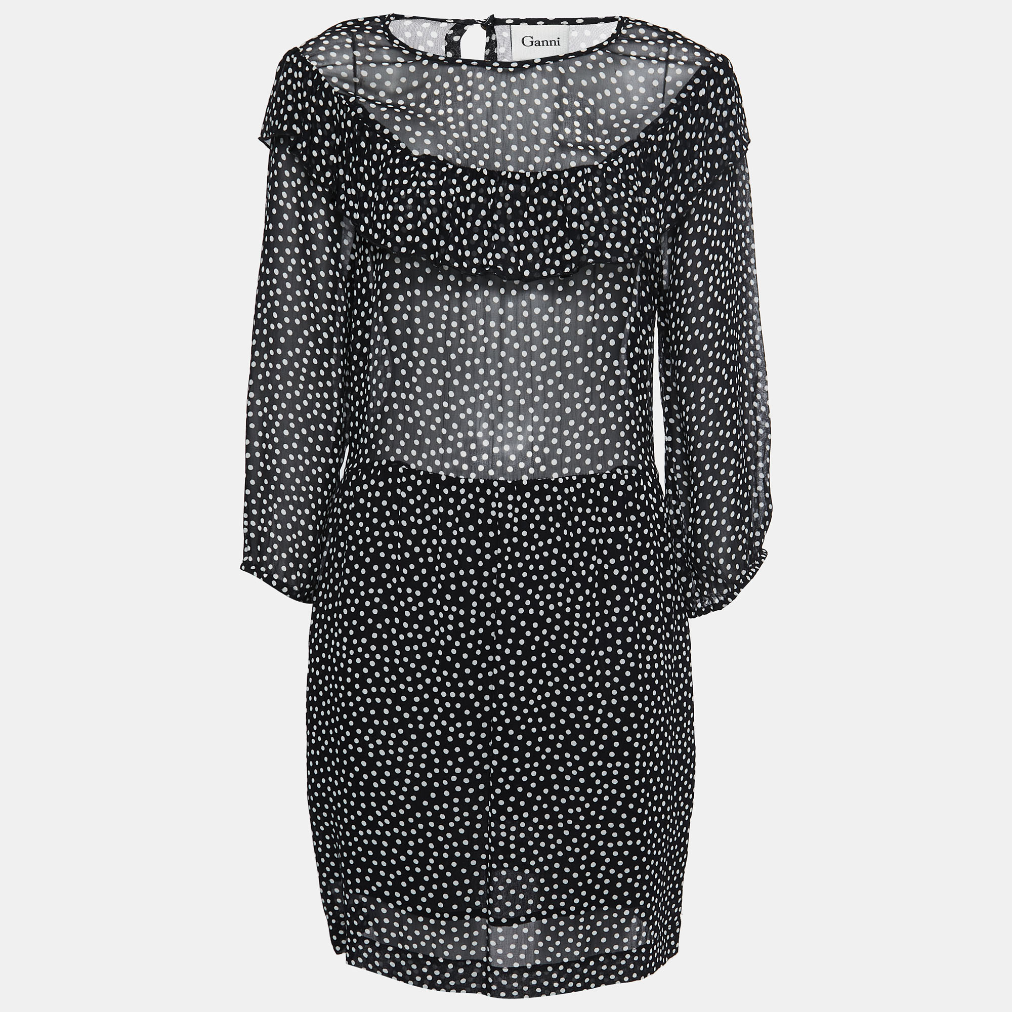Ganni Black Polka Dotted Crepe Belleville Short Dress