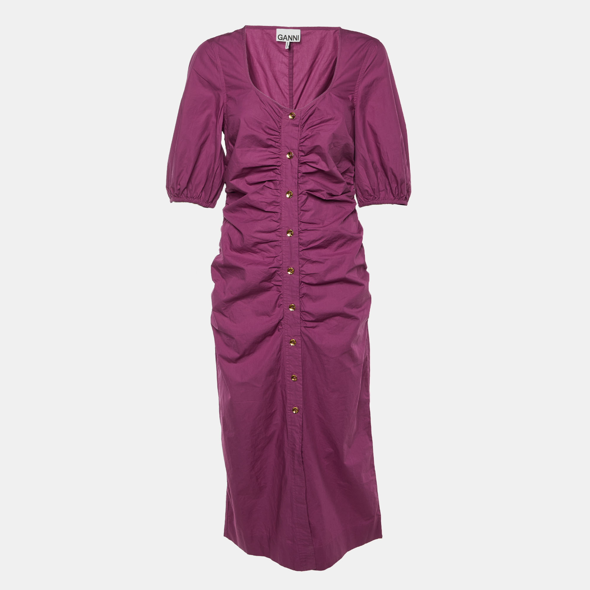Ganni Purple Wine Cotton Ruched Midi Dress