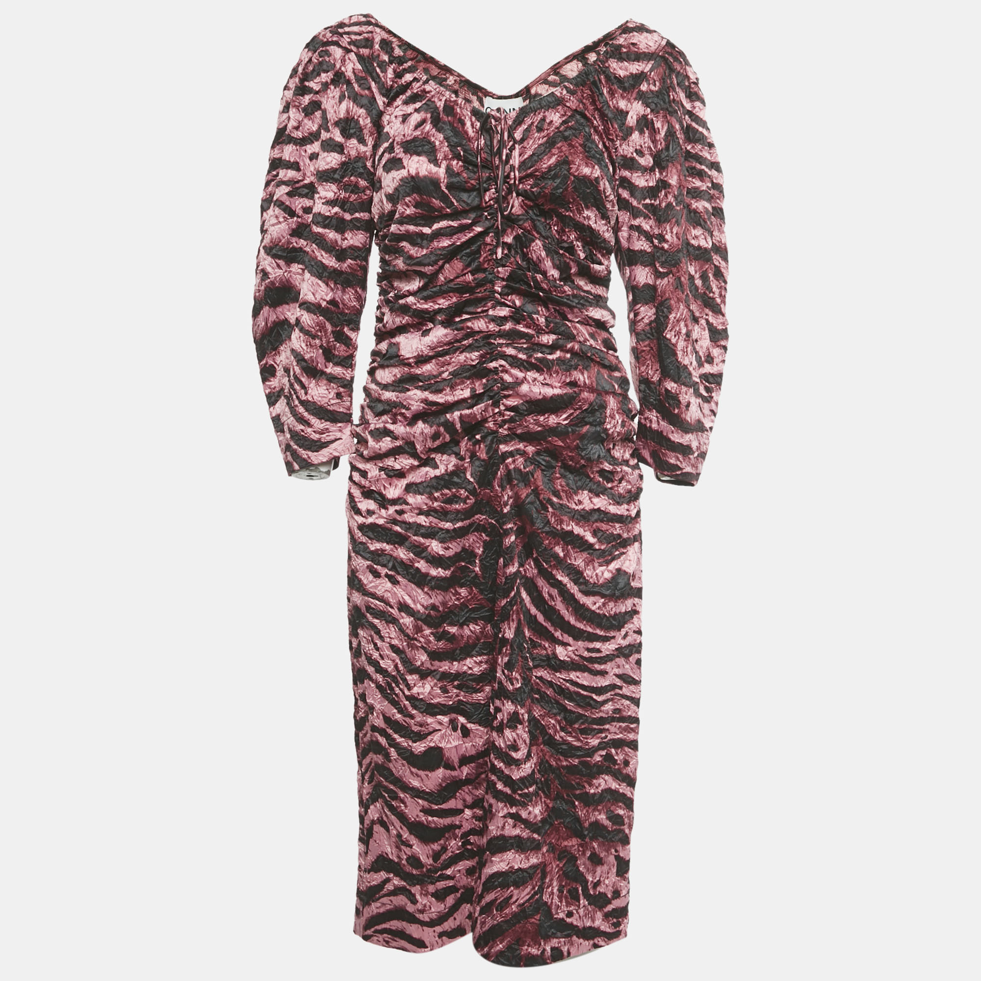 Ganni Pink Black Zebra Print Crepe Ruched Midi Dress