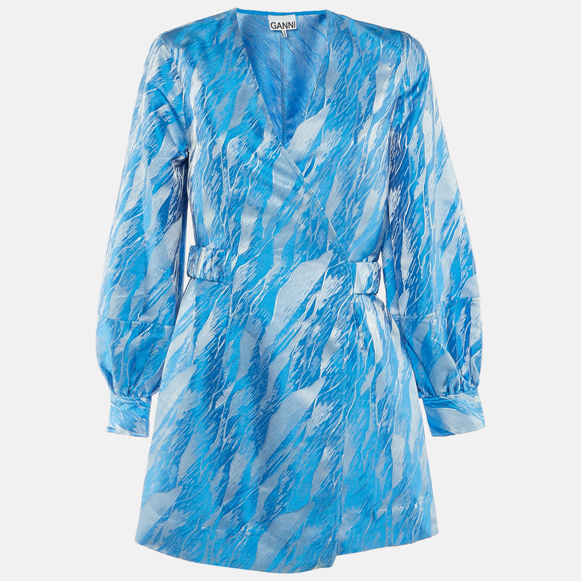 Ganni Blue Silver Jacquard Wrap Mini Dress