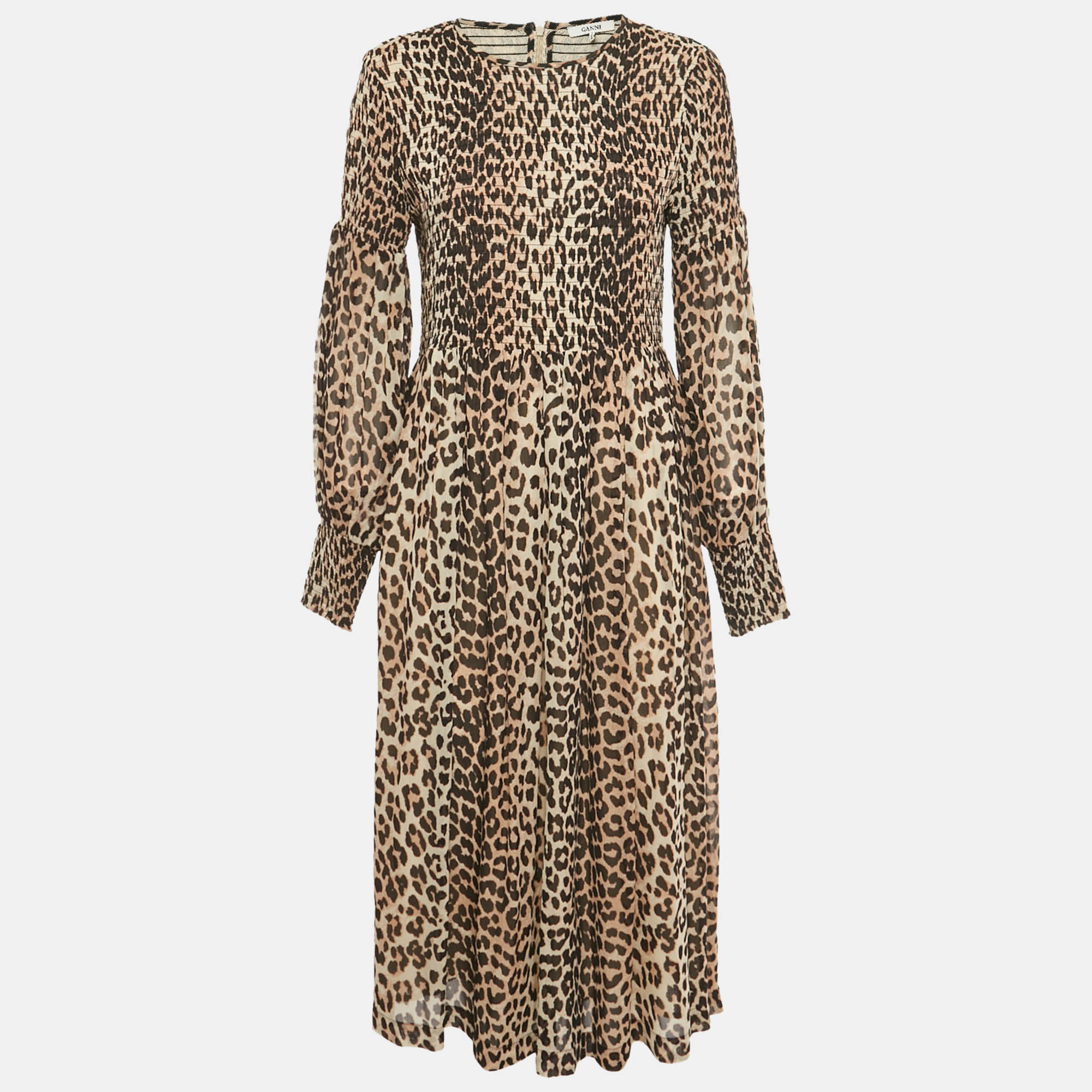 Ganni BrownBlack Animal Print Crepe Midi Dress