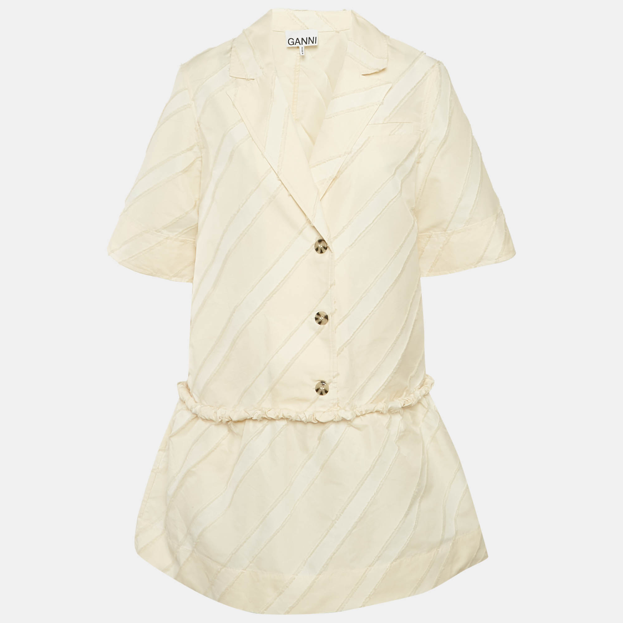 Ganni Cream Diagonal Stripe Crepe Frayed Mini Dress