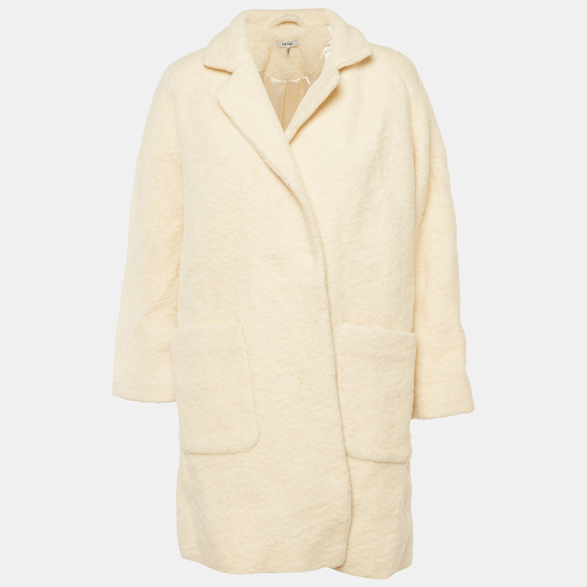 Ganni Cream Fleece Wool Double Breasted Coat
