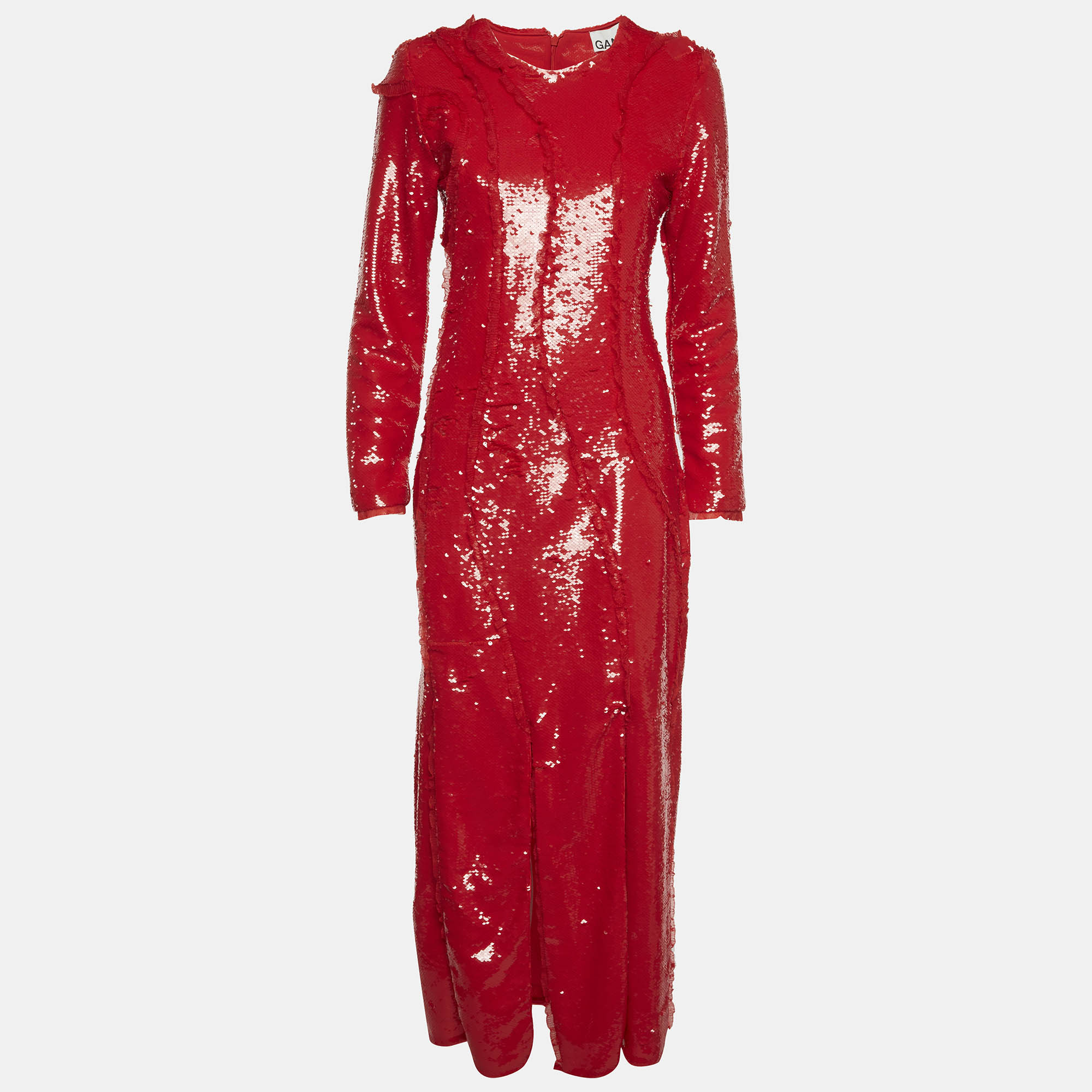 Ganni Red Sequins Cutline Maxi Dress