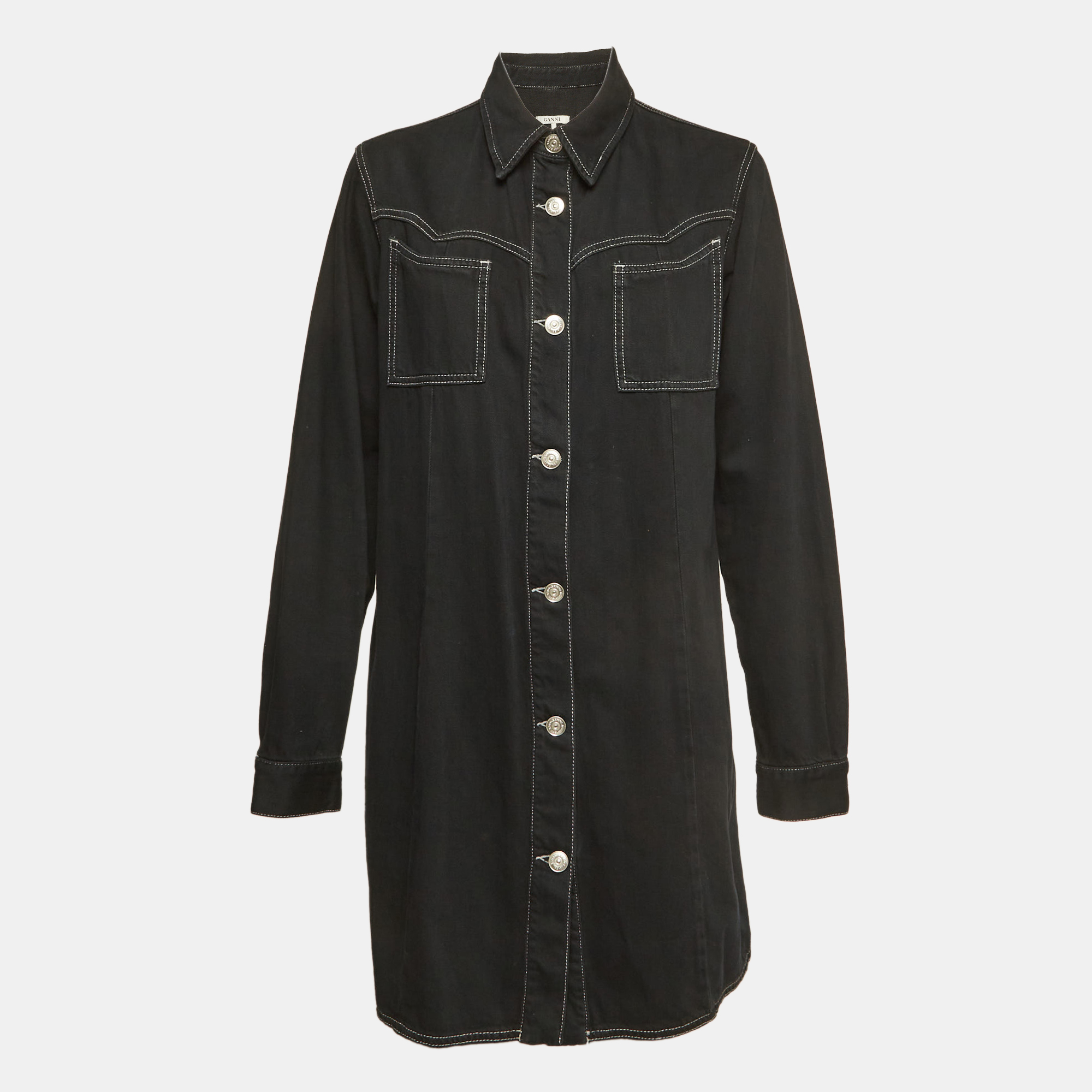 Ganni Black Kress Soft Denim Button Down Shirt Dress