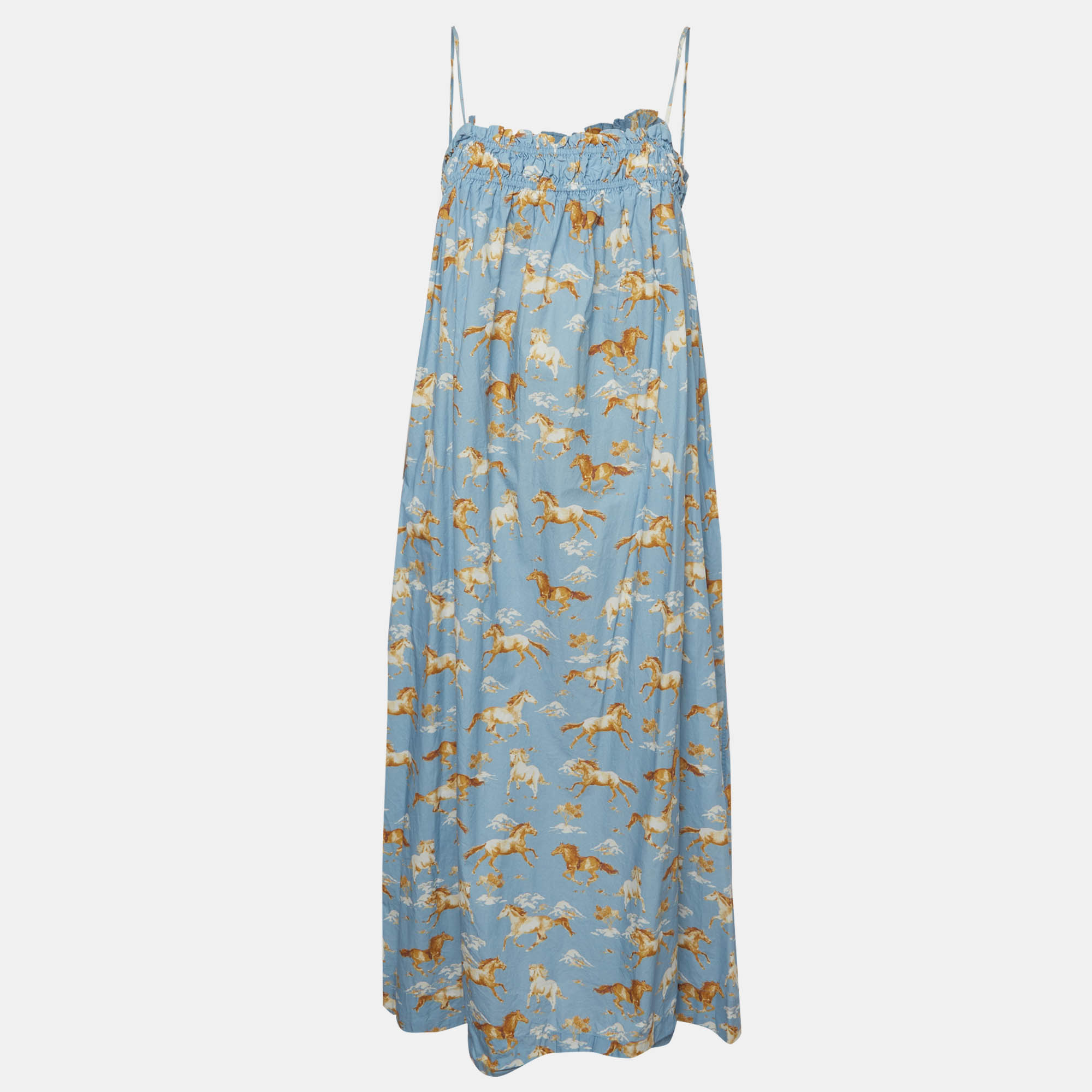 Ganni Blue Horse Print Cotton Strappy Midi Dress